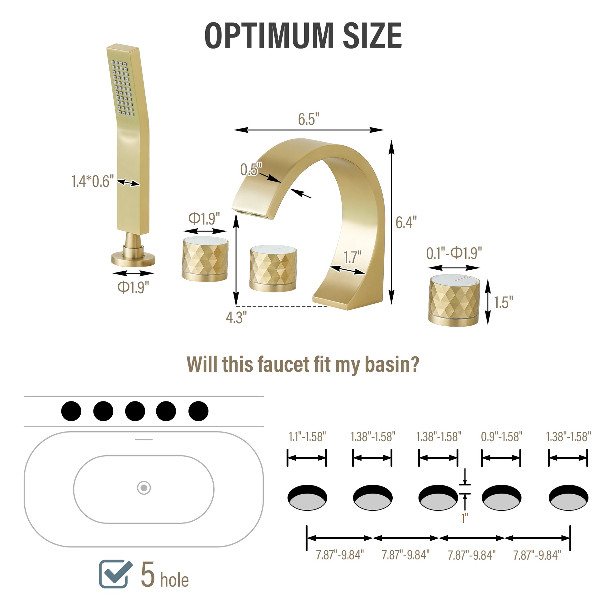 C-Shaped Curved Design 3-Handle Roman Bathtub Faucet with Hand Shower