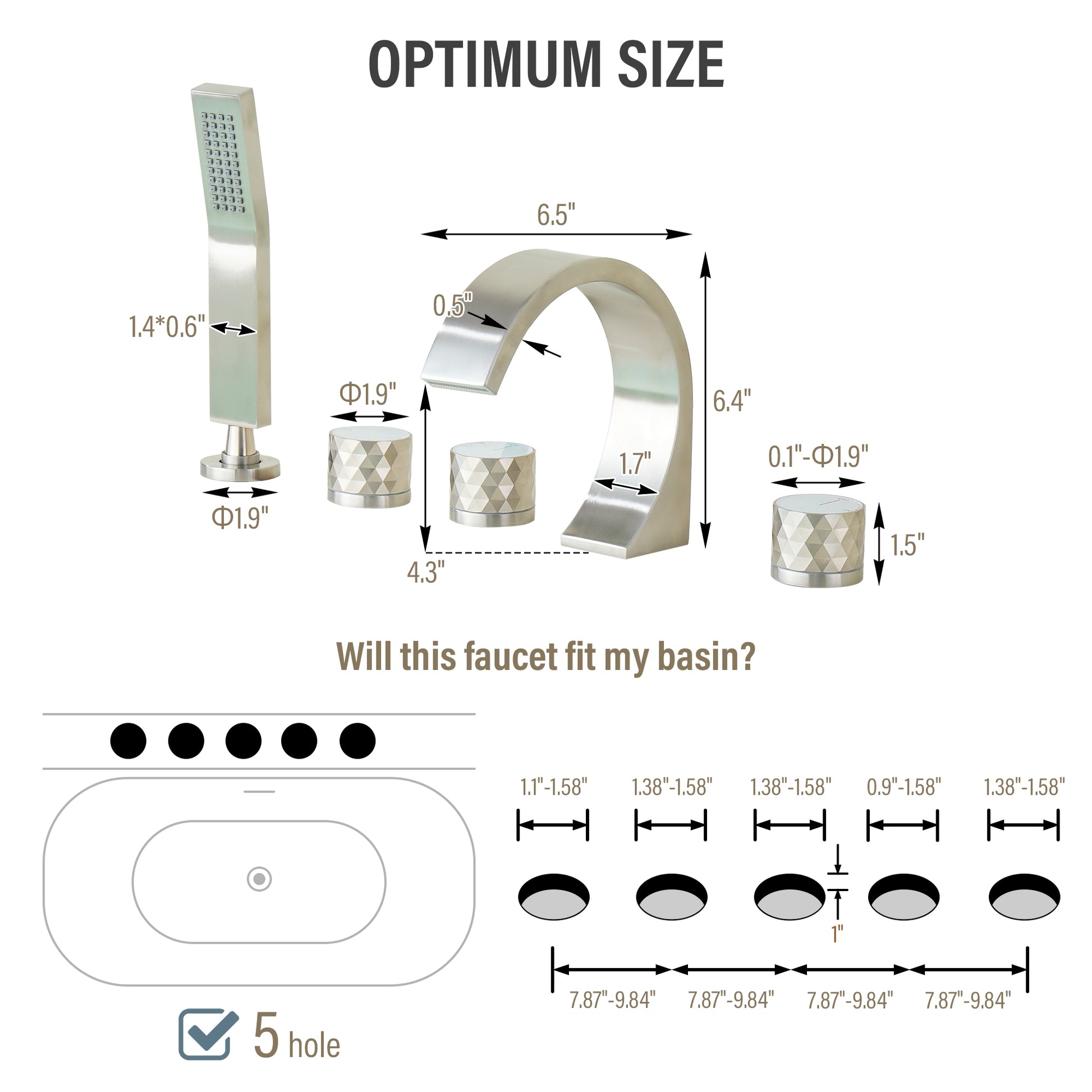 C-Shaped Curved Design 3-Handle Roman Bathtub Faucet with Hand Shower
