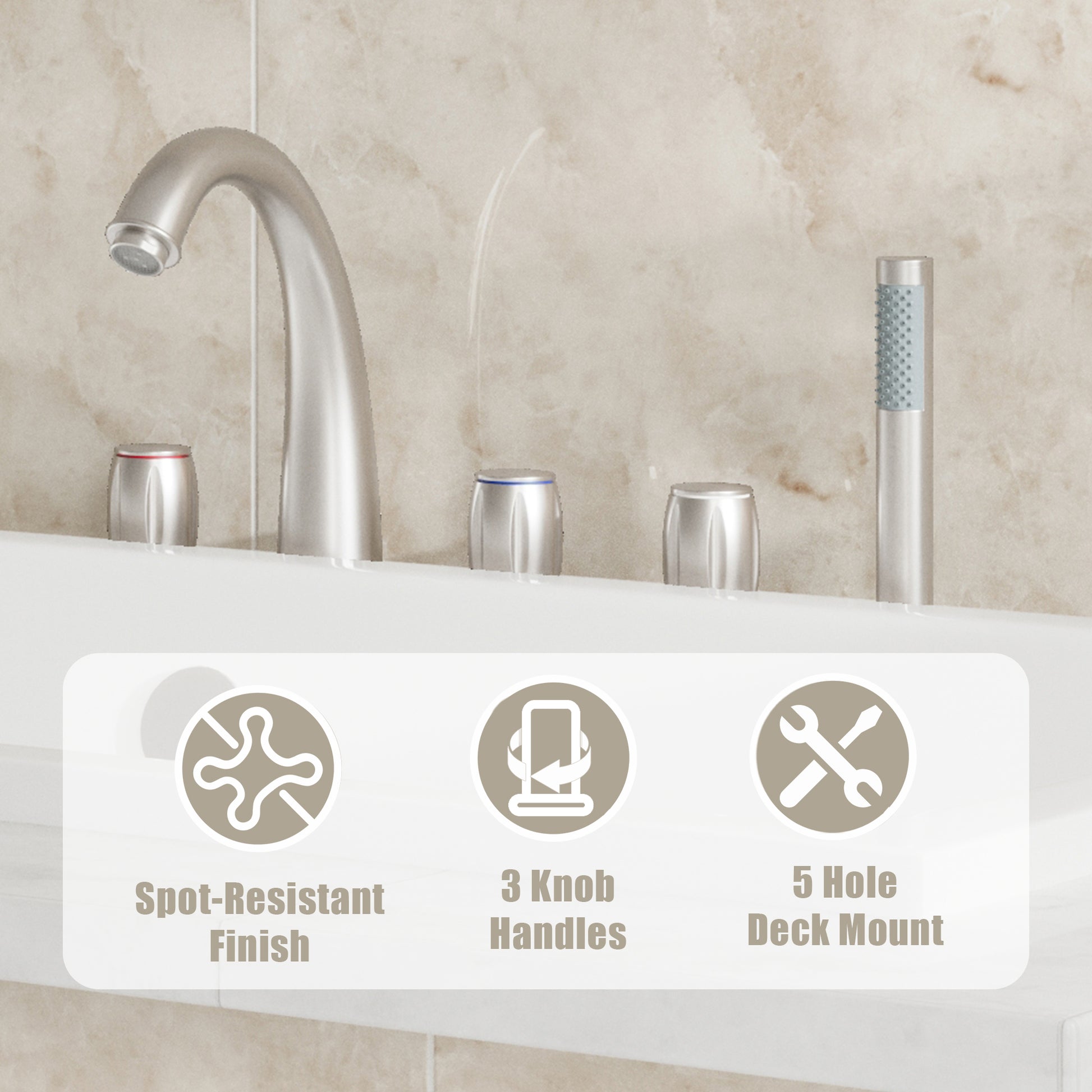 3-Handle Deck-Mounted Waterfall Roman Tub Faucet with Hand Shower