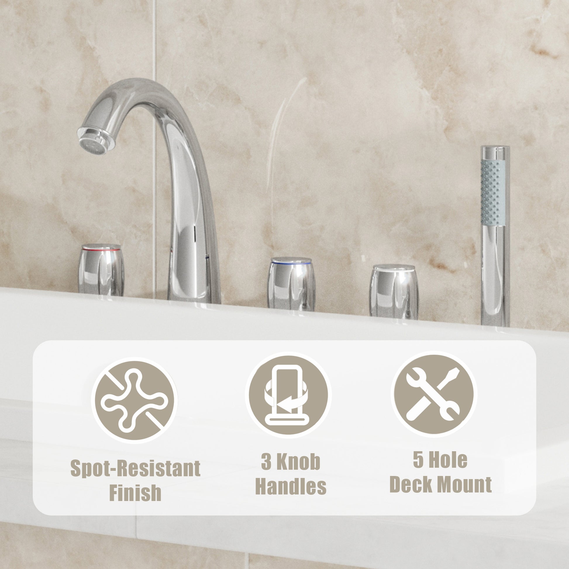 3-Handle Deck-Mounted Waterfall Roman Tub Faucet with Hand Shower