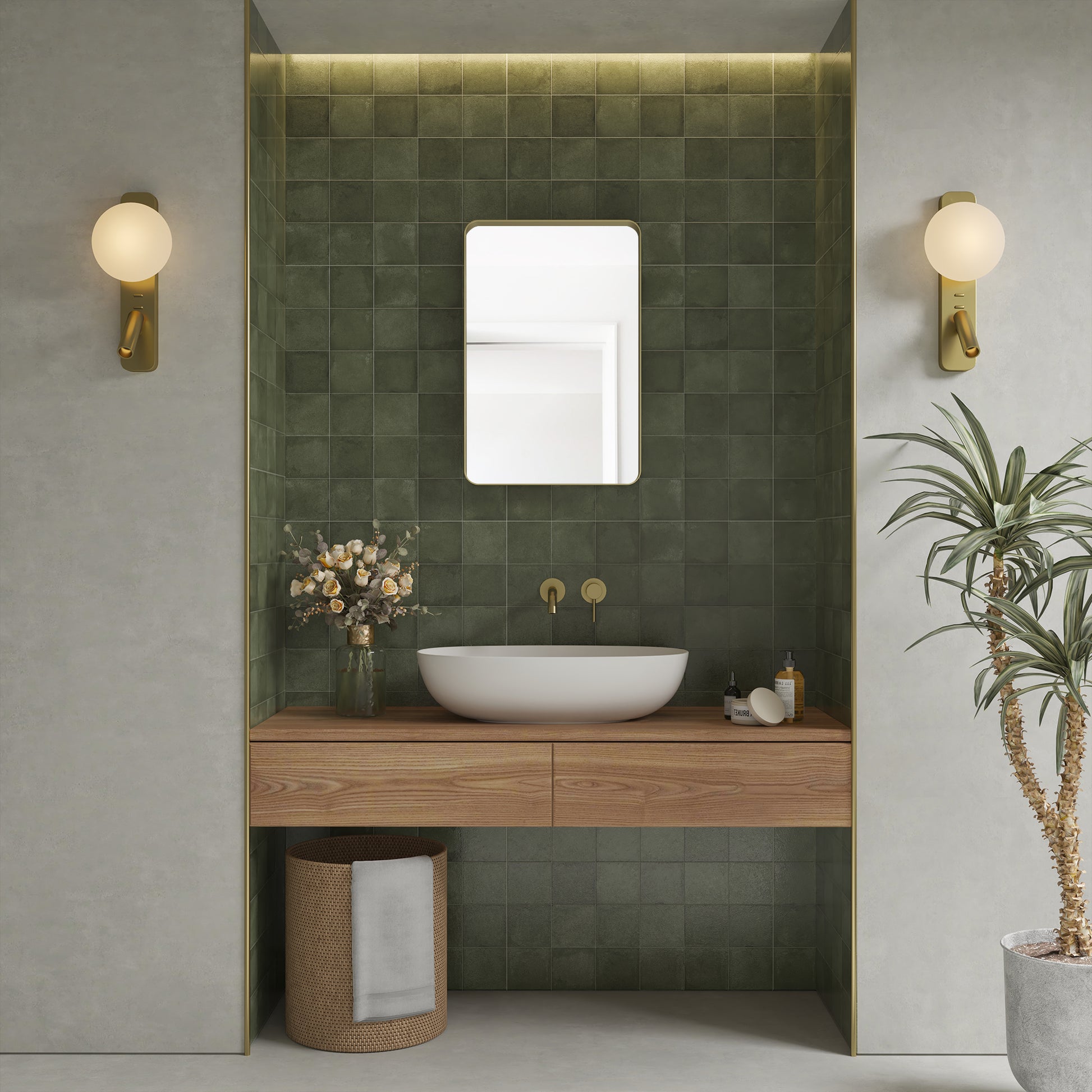 Tempered Glass Wall-Mounted Mirror with Gold Metal Frame