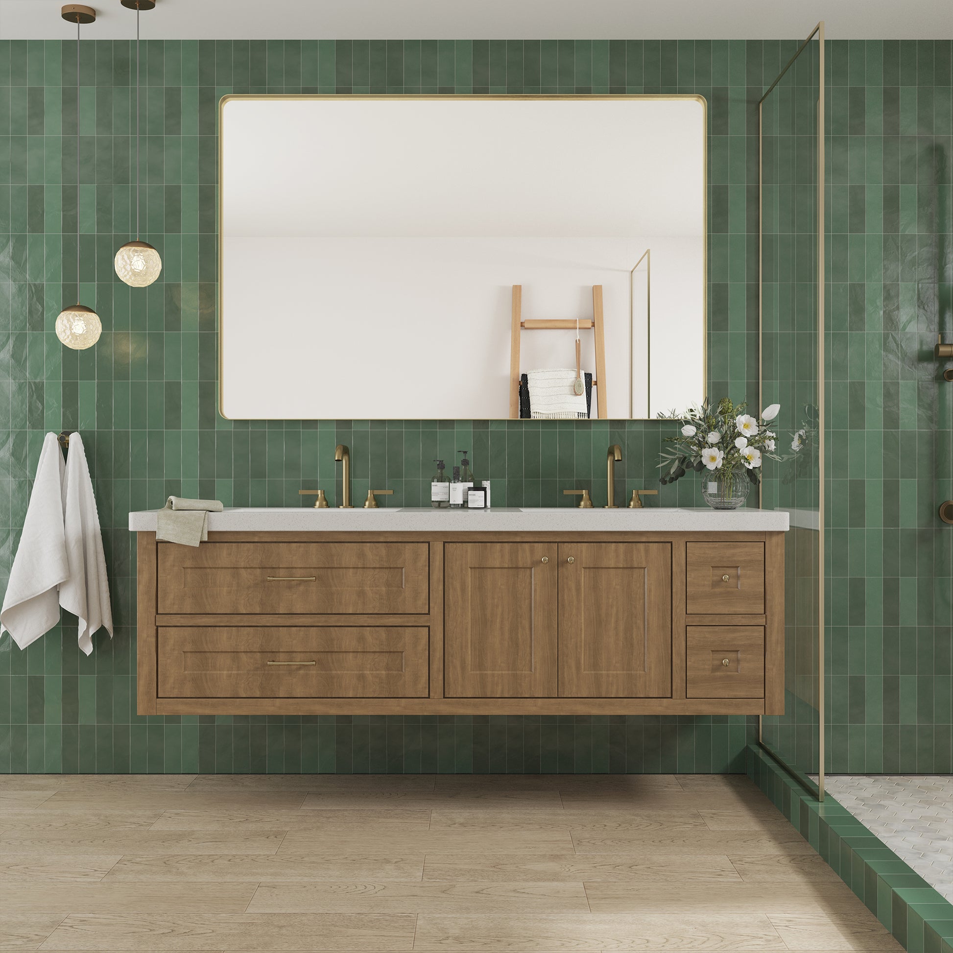 Tempered Glass Wall-Mounted Mirror with Gold Metal Frame