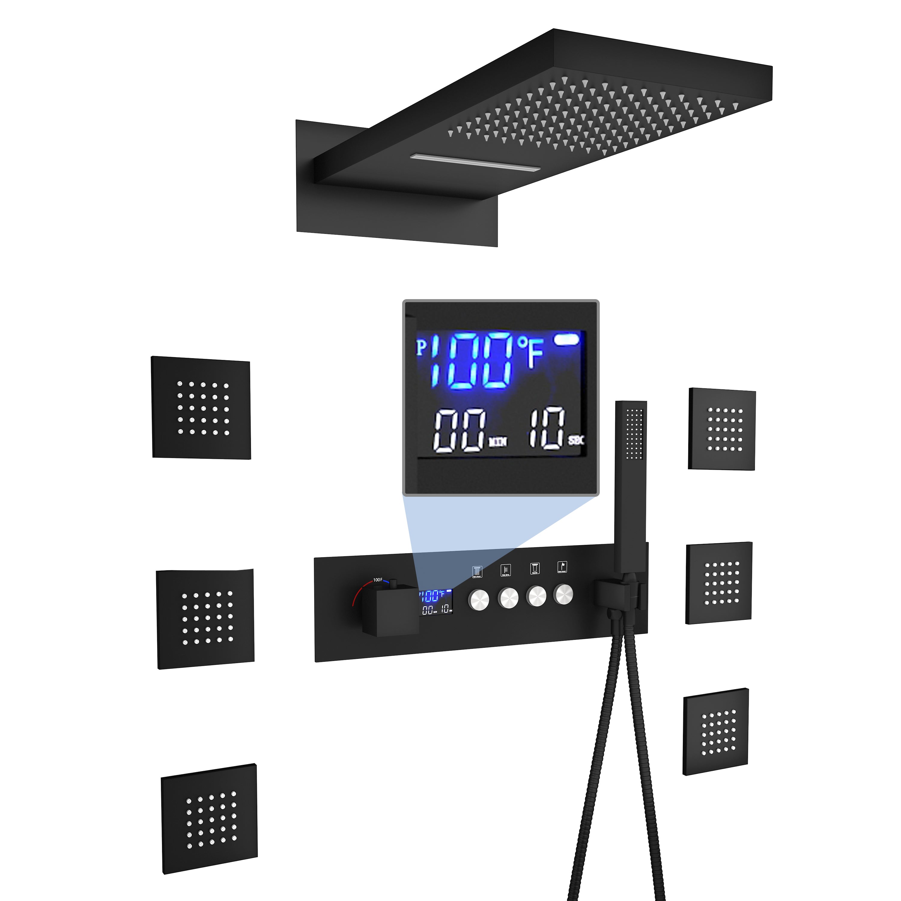 22*9 inch 4-Function Thermostatic Shower System with Digital Display and 6 Body Jets