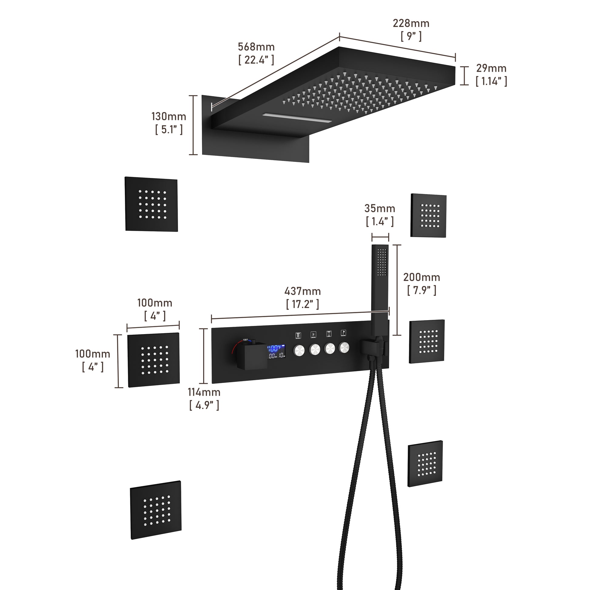 22*9 inch 4-Function Thermostatic Shower System with Digital Display and 6 Body Jets