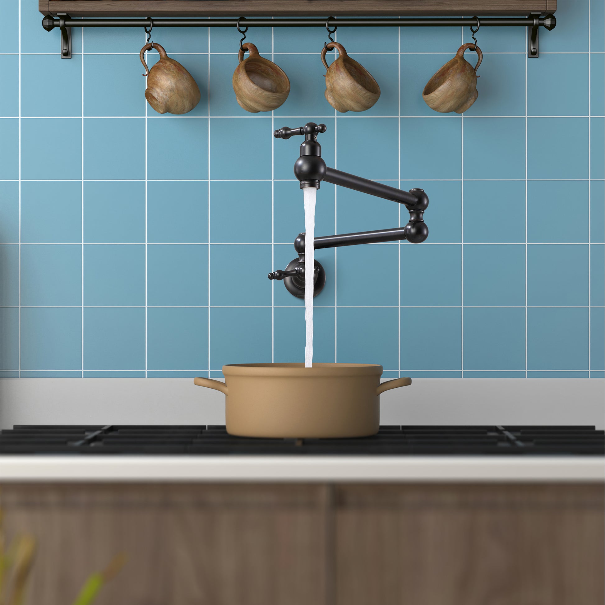 Wall Mounted Pot Filler Faucet with Double Handles, 360° Rotatable Folding Spout, Solid Brass Construction, Anti-Splash Aerator