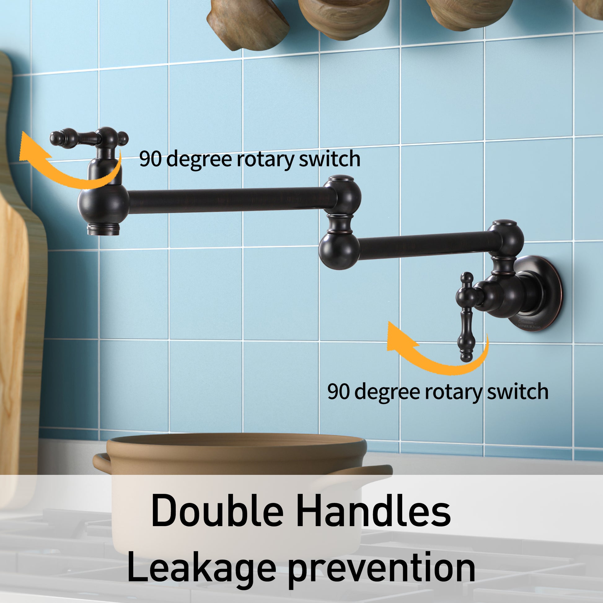 Wall Mounted Pot Filler Faucet with Double Handles, 360° Rotatable Folding Spout, Solid Brass Construction, Anti-Splash Aerator