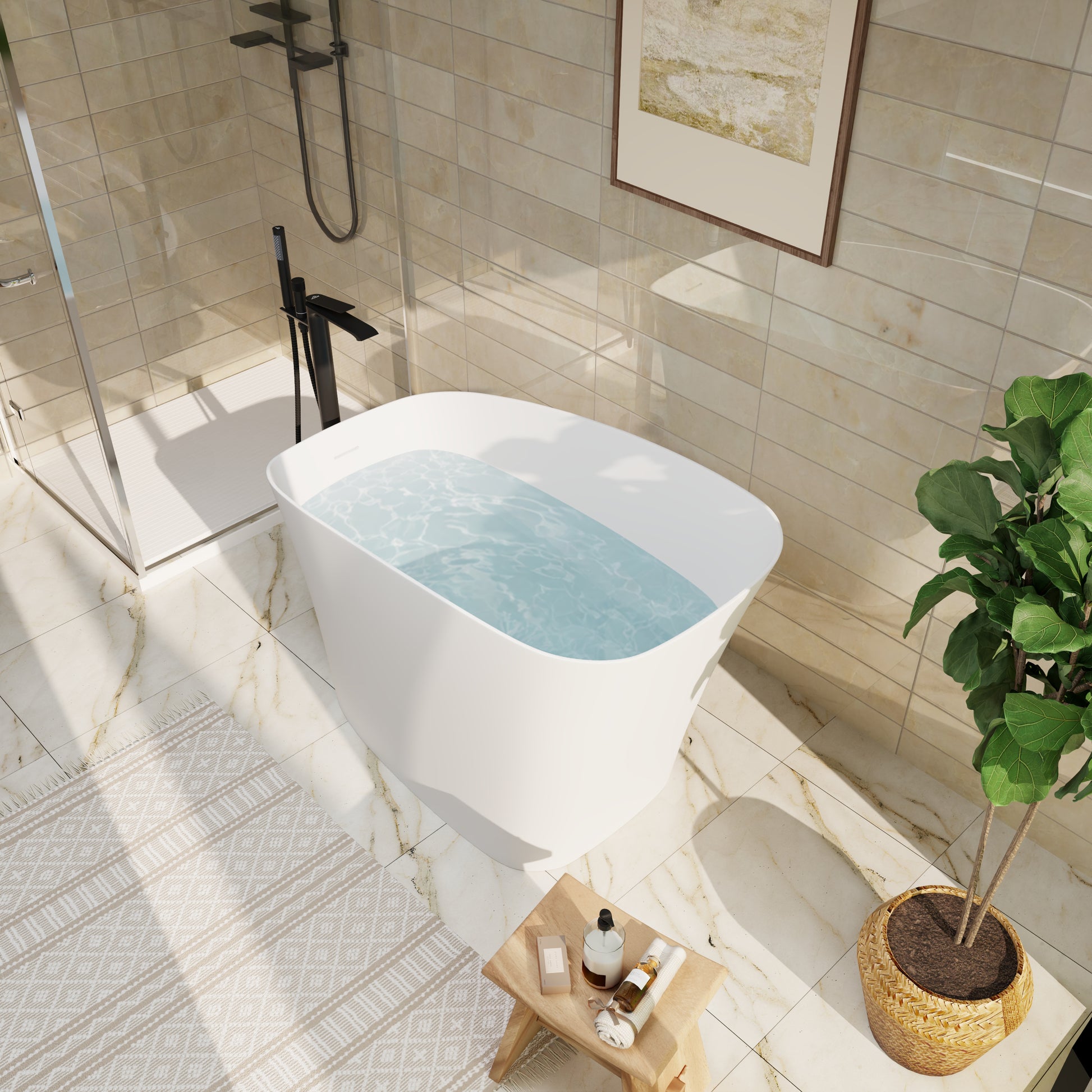 51" Matte White Solid Surface Freestanding Bathtub with Integrated Seat