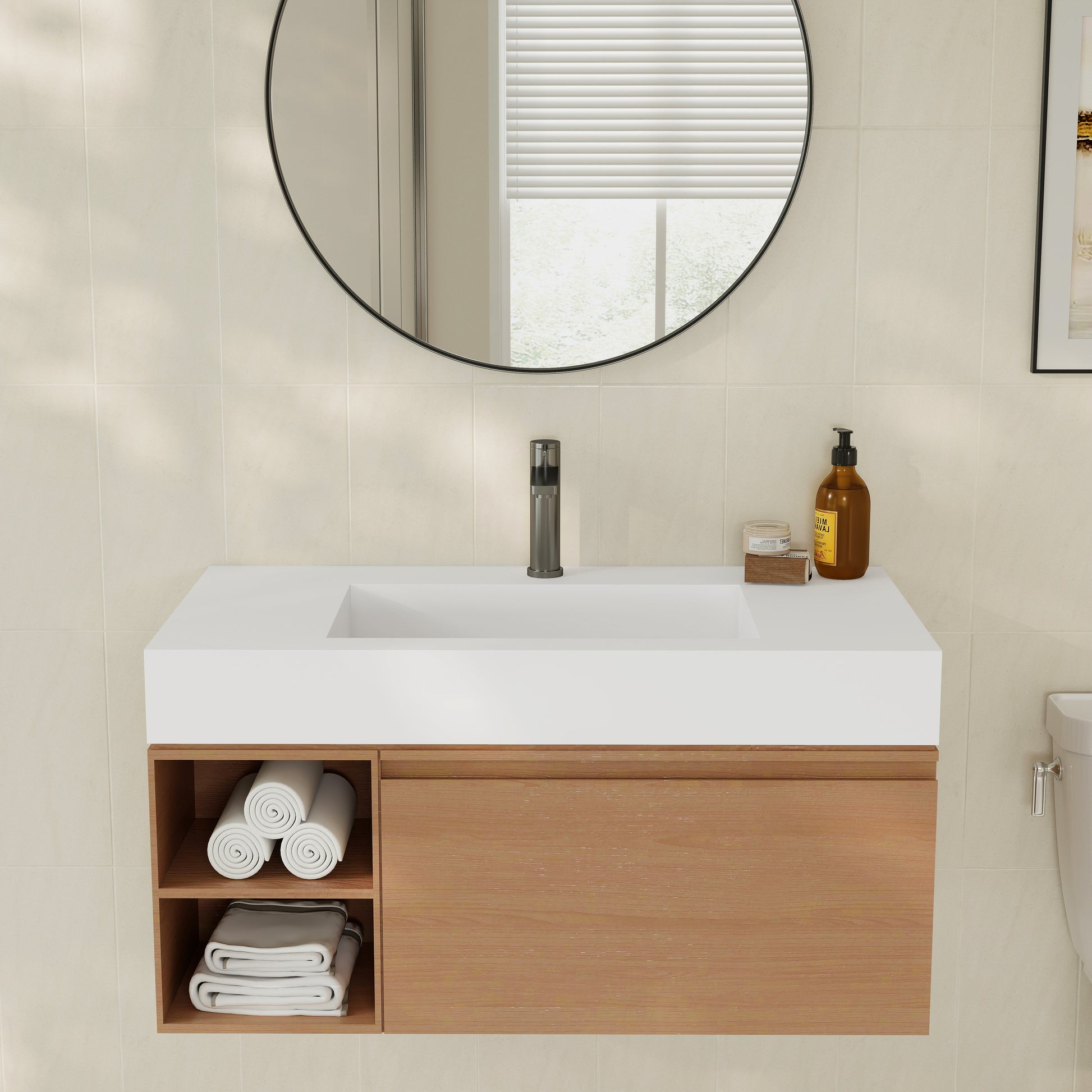 35" Solid Surface Wall Mounted Basin Sink in Matte White