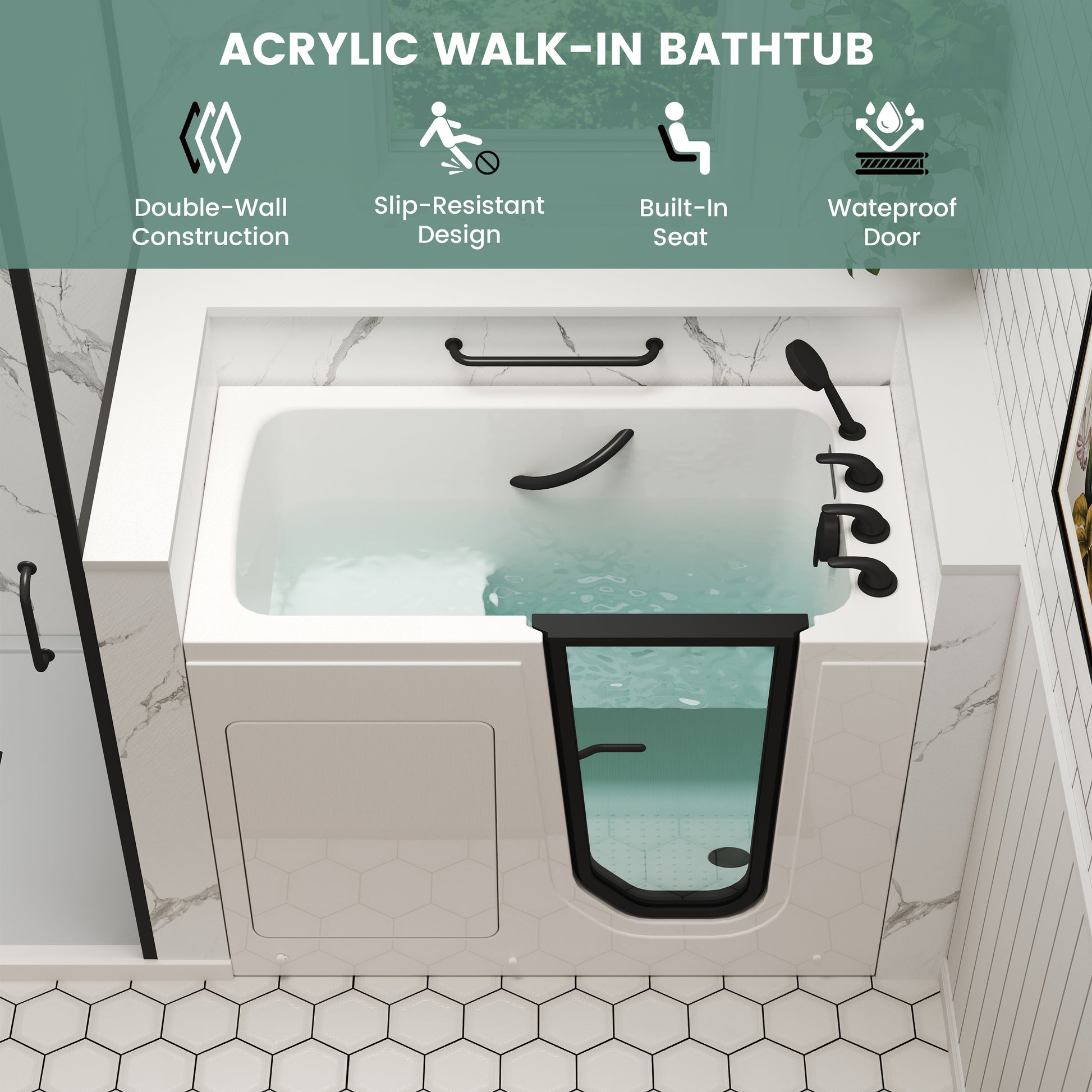 49" Glossy White Acrylic Walk-In Soaking Bathtub with High-Flow Faucet