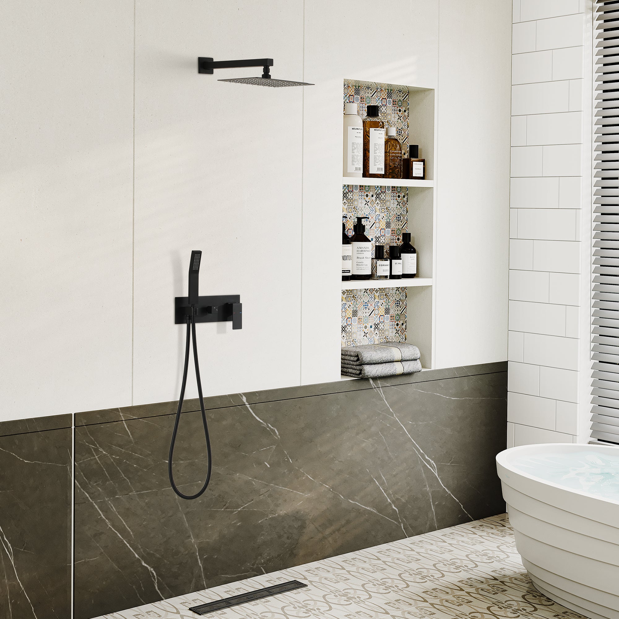 10" Wall-Mounted Shower System with Brass Handheld Spray in Matte Black