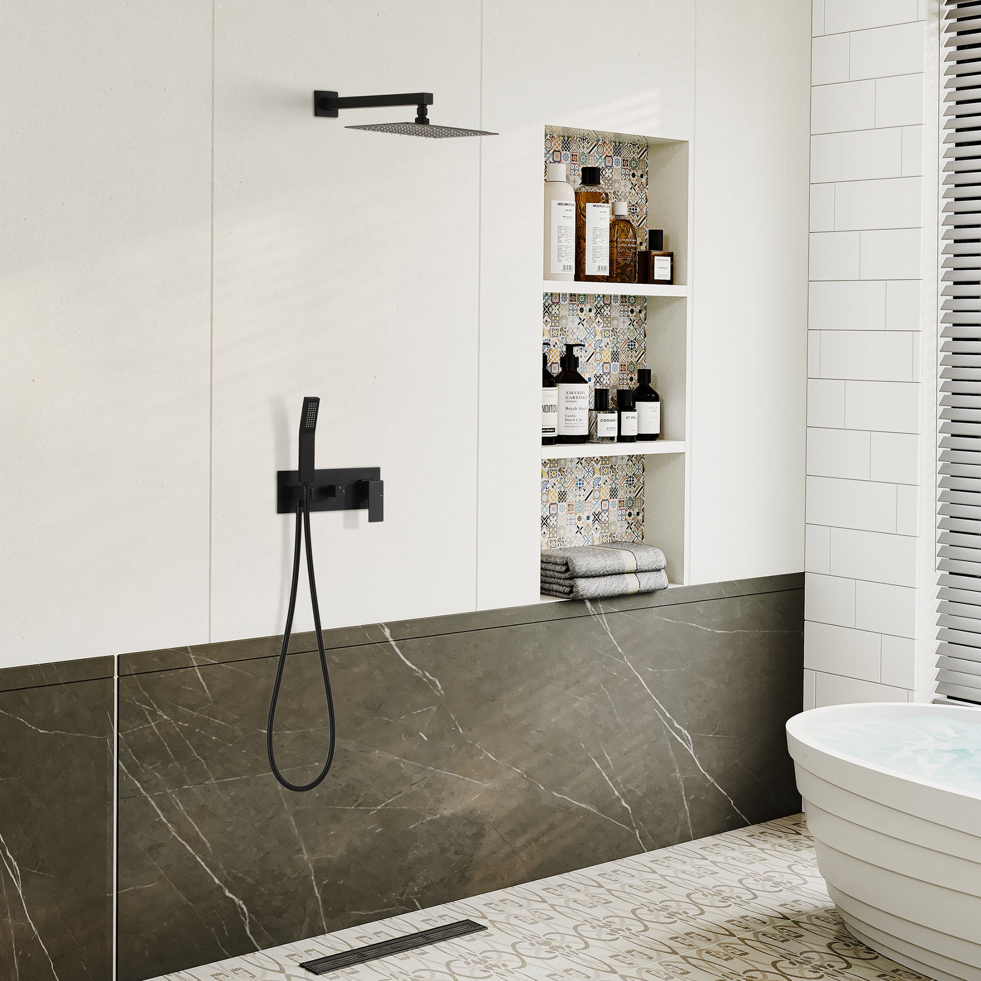 10" Wall-Mounted Shower System with Brass Handheld Spray in Matte Black