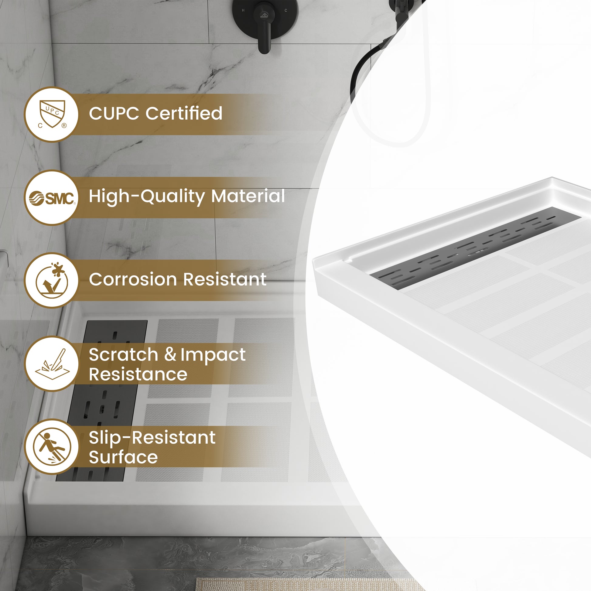 48"x32" SMC Shower Base with Anti-Slip Textured Floor & Easy Install