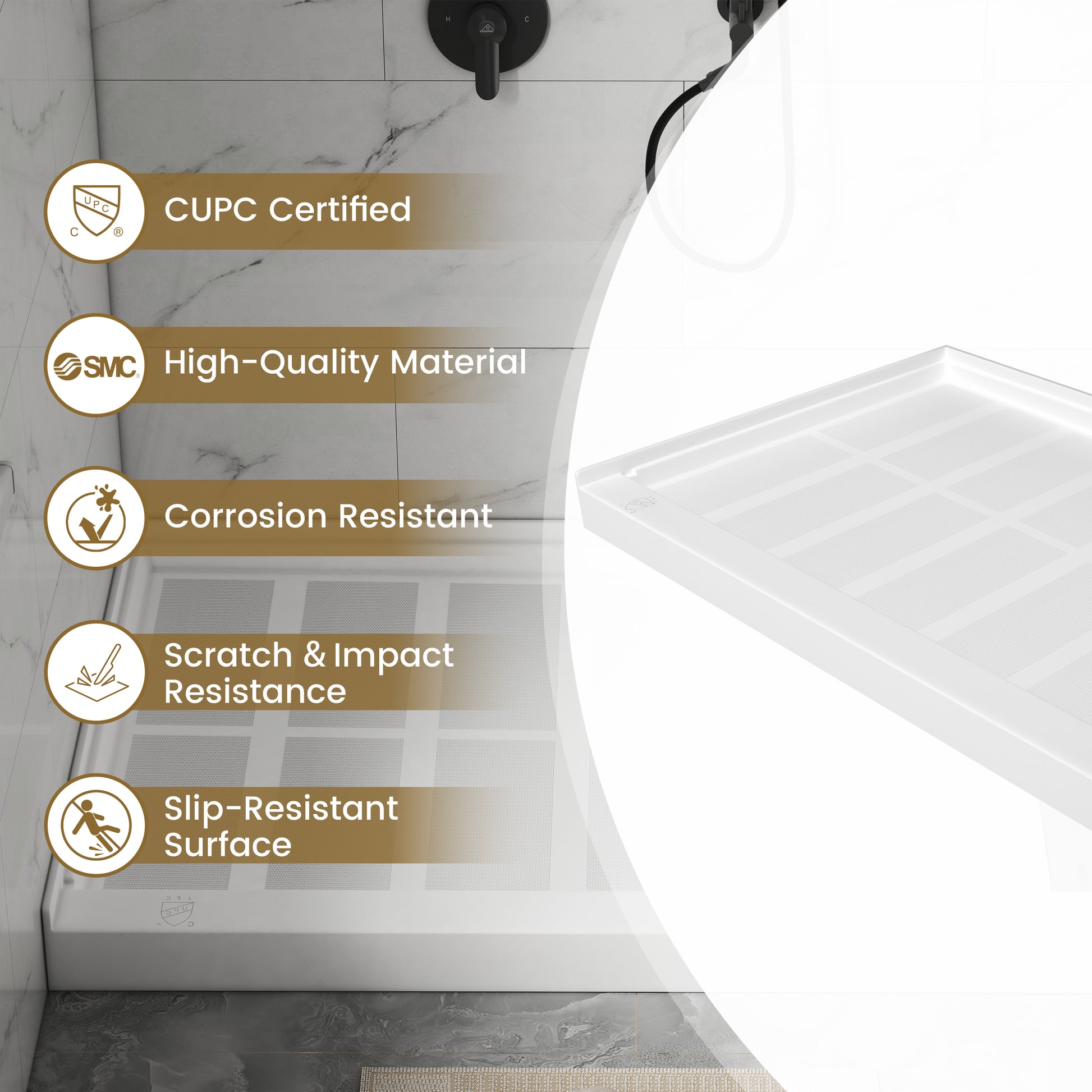 48"x32" SMC Shower Base with Anti-Slip Textured Floor & Easy Install