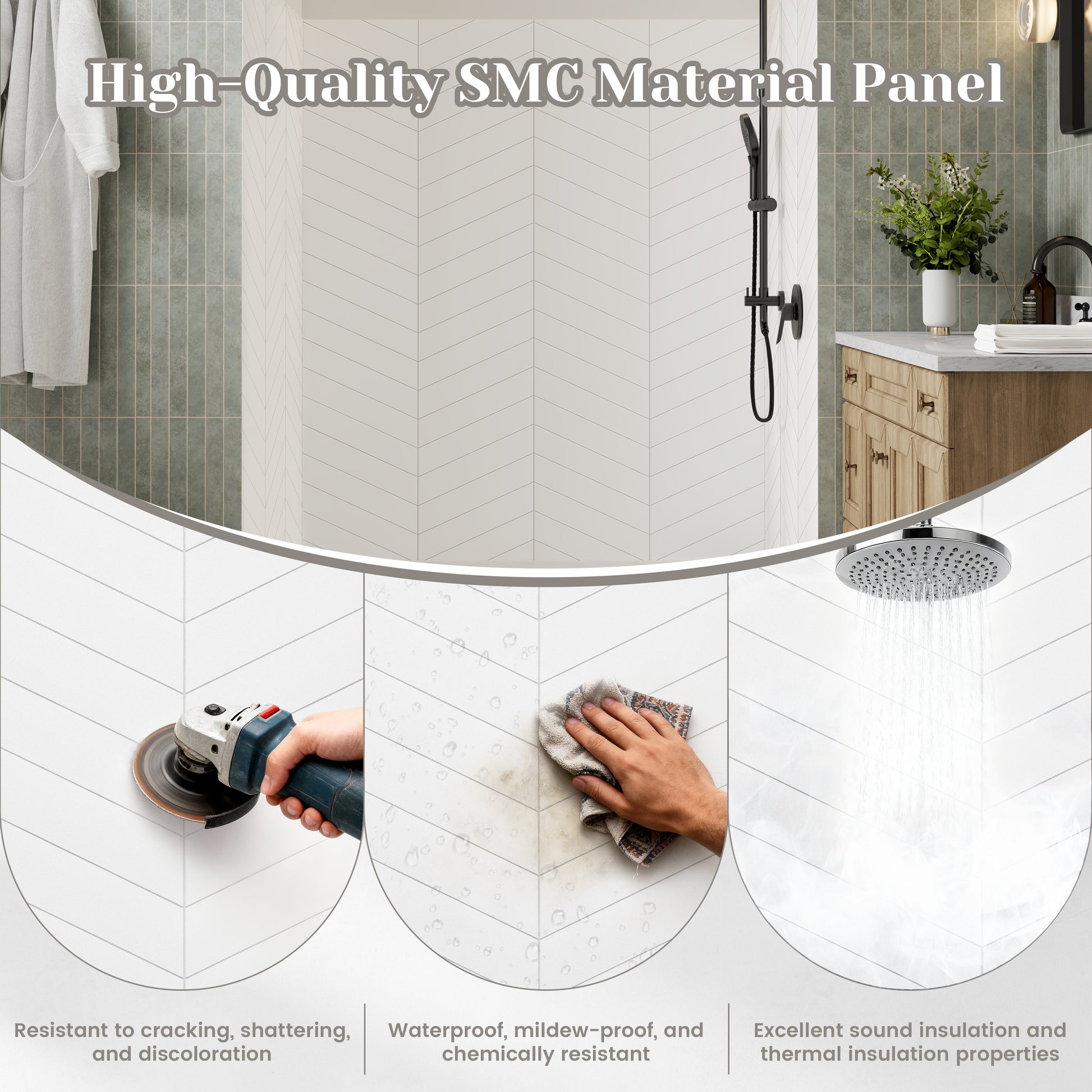 V-Shaped Herringbone SMC Shower Wall Panels with Waterproof & Easy Install