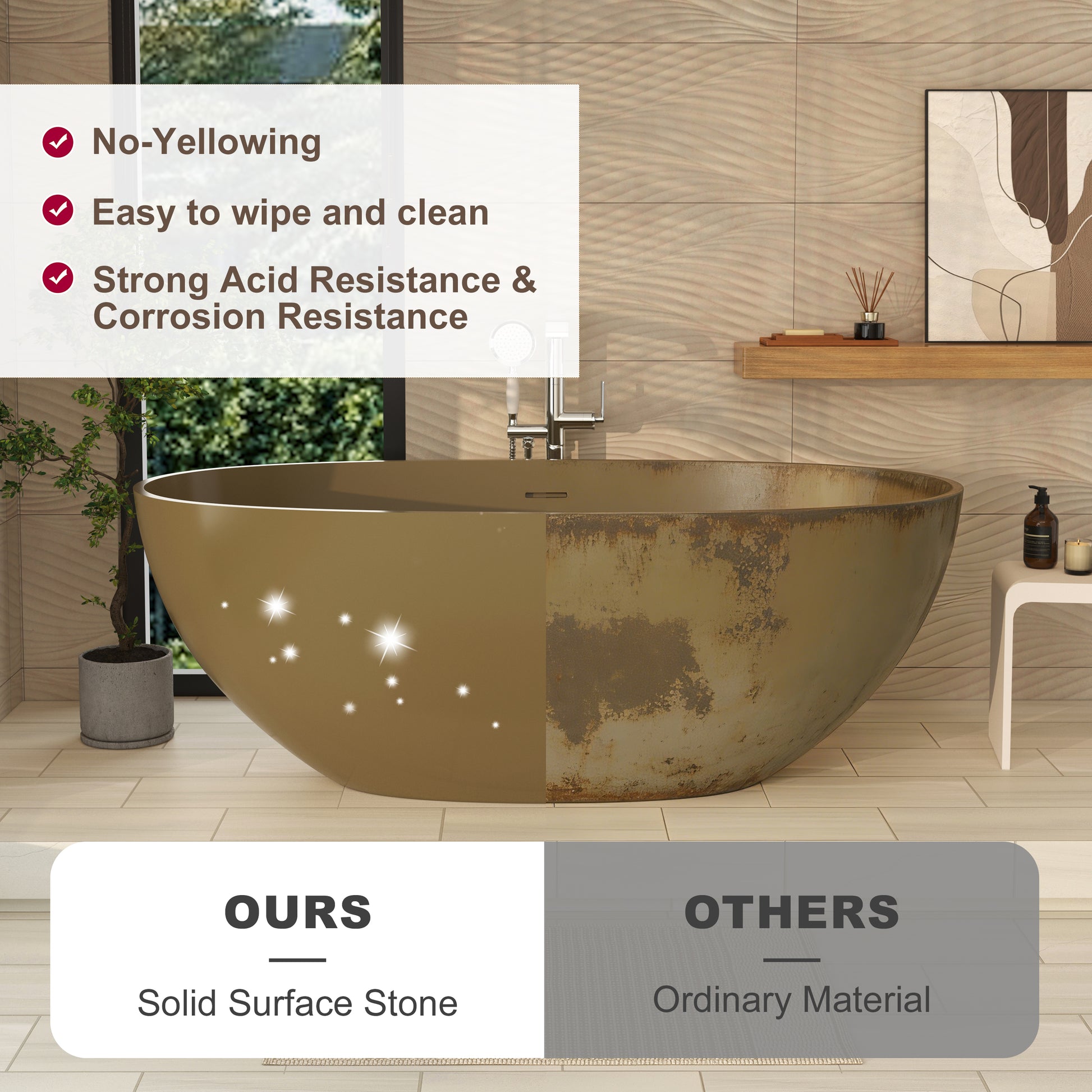 61" Freestanding Solid Surface Stone Soaking Bathtub in Modern Camel
