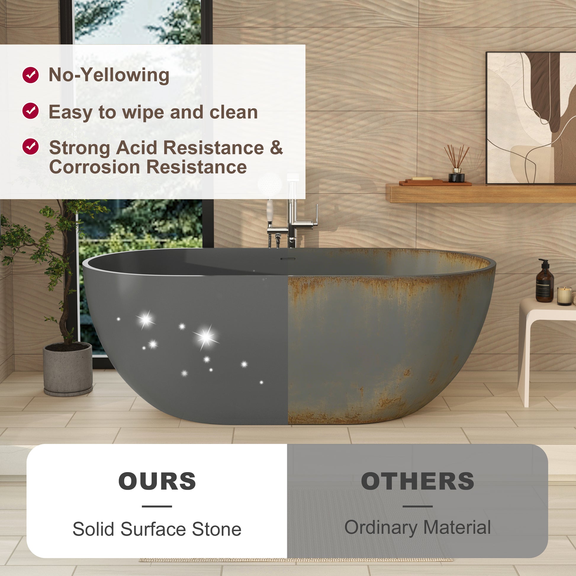 59" Dark Grey Solid Surface Freestanding Bathtub with Modern Industrial Elegance