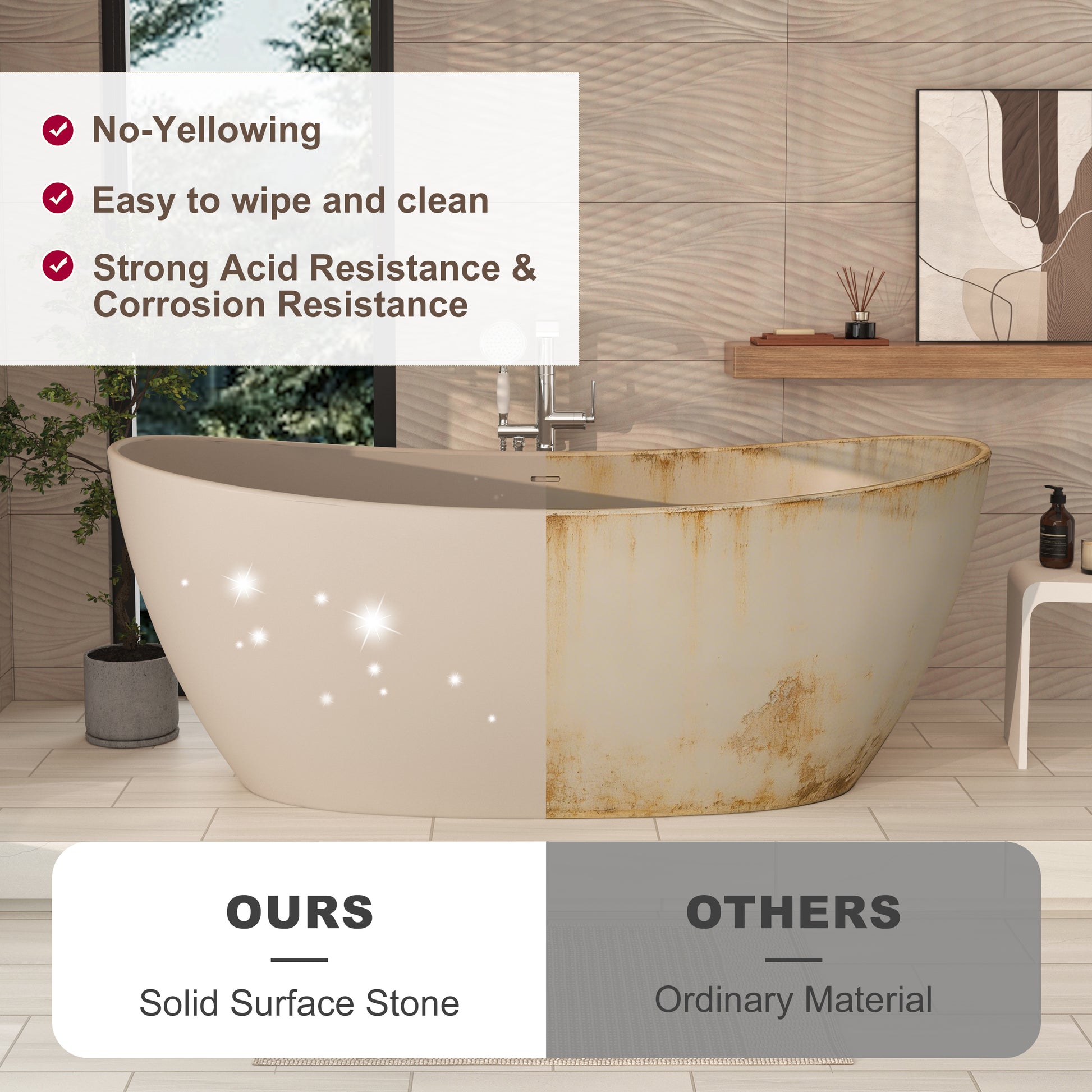 65" Double-Ended Freestanding Solid Surface Bathtub with Modern Cream-Style Soaking