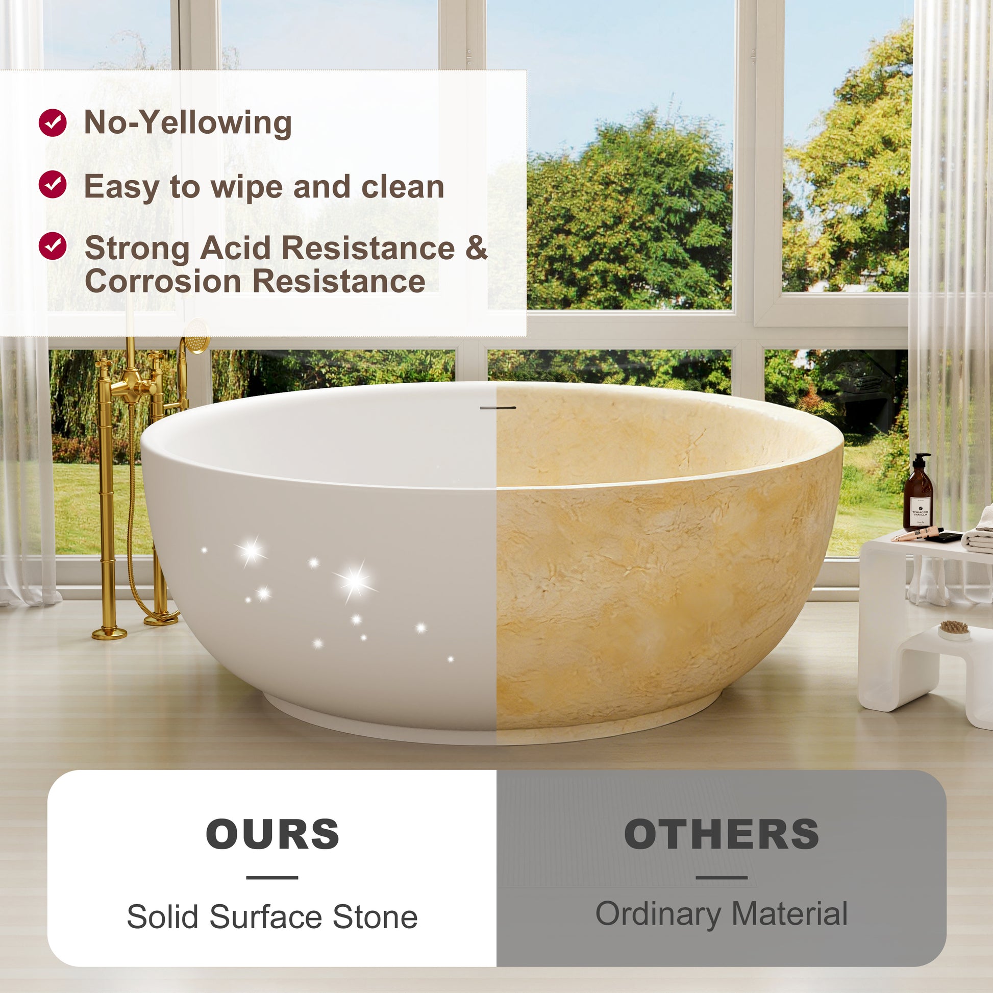 59" Round Solid Surface Freestanding Bathtub for Two in Matte White