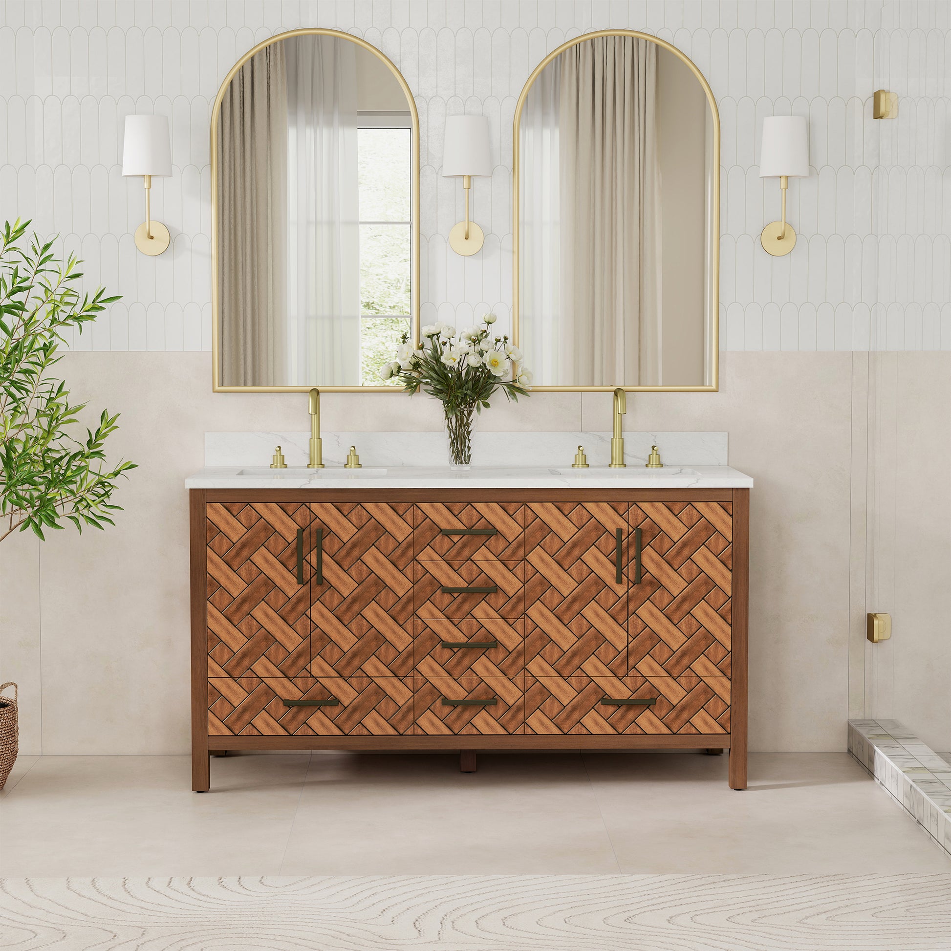 60" Double Sink Bathroom Vanity with Engineering Stone Top & 2 Basins