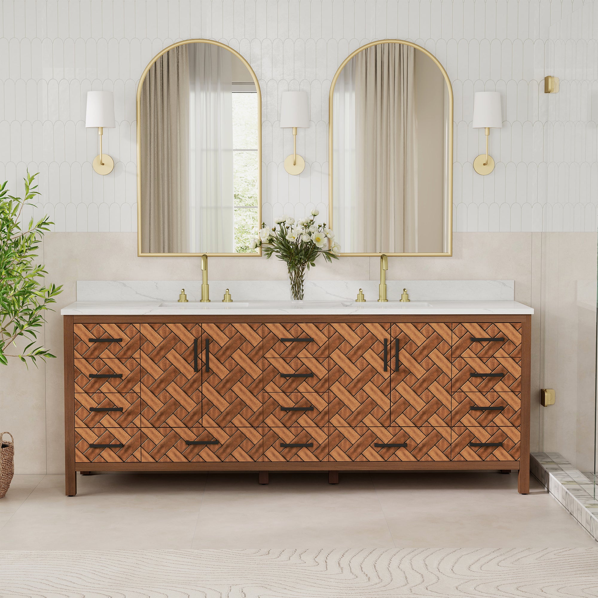 84" Freestanding Bathroom Vanity with Double Sink and Engineering Stone Top
