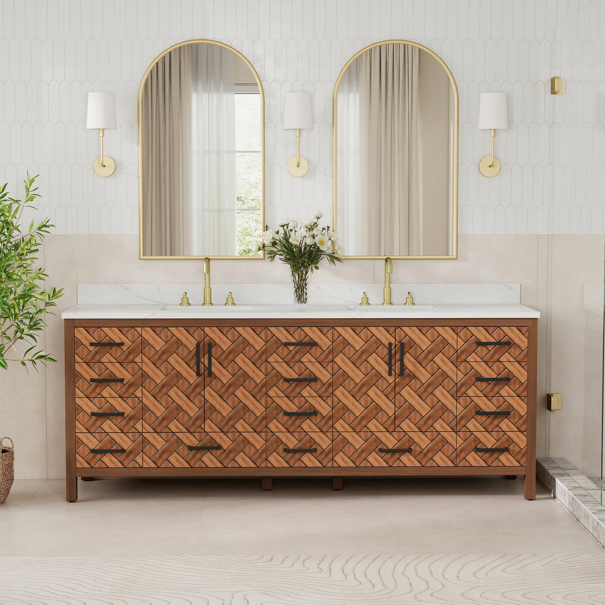 84" Freestanding Bathroom Vanity with Double Sink and Engineering Stone Top