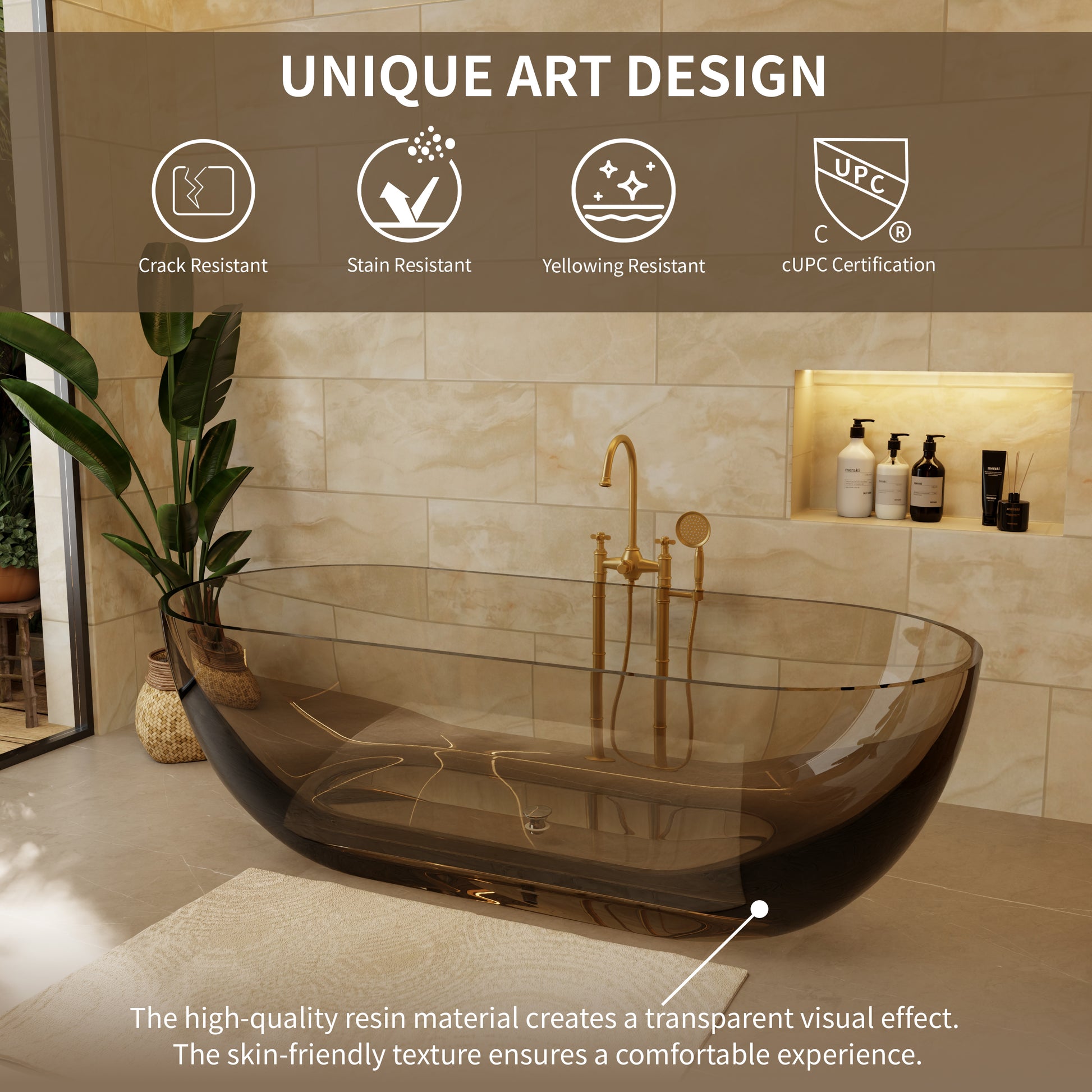 69" Coffee Pure Resin Freestanding Bathtub with Ergonomic Soaking Comfort