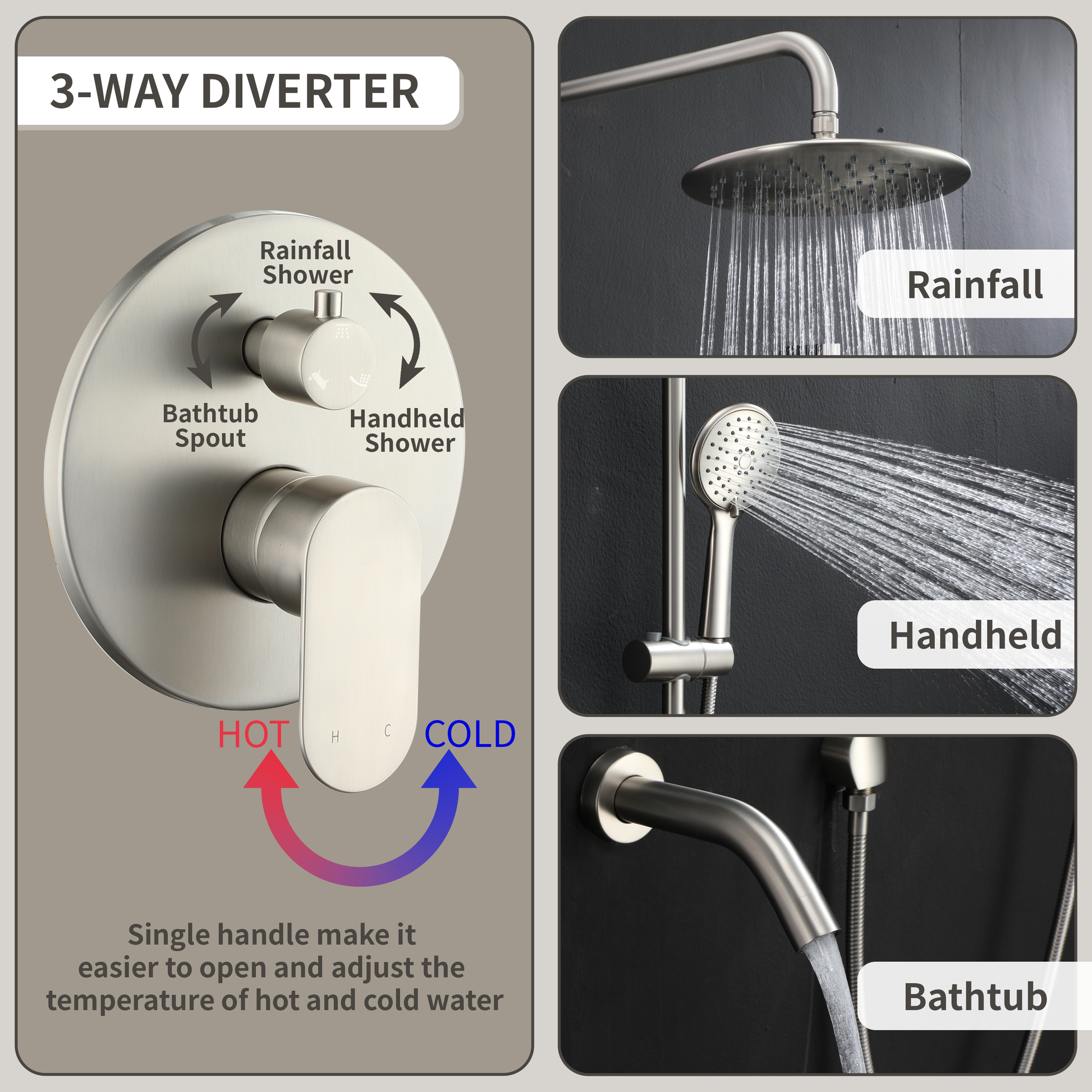 9" 3-Function Shower Faucet Set with Tub Spout & Slide Bar