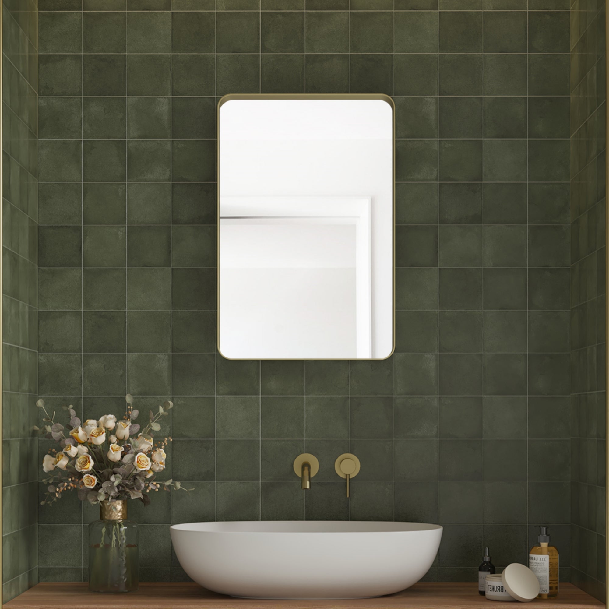 Tempered Glass Wall-Mounted Mirror with Gold Metal Frame