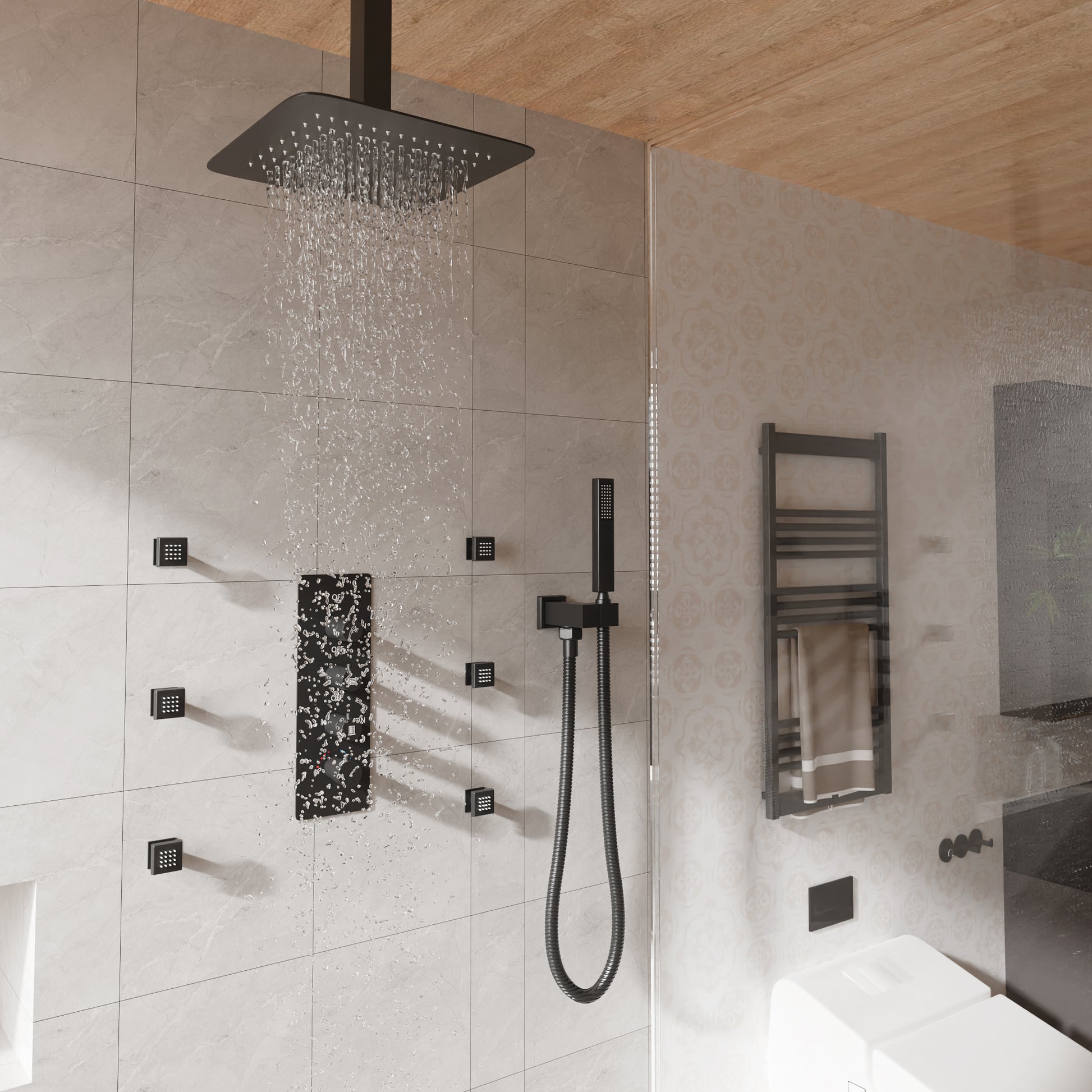 12" Ceiling Mount Rain Shower System with Handheld and Body Jets