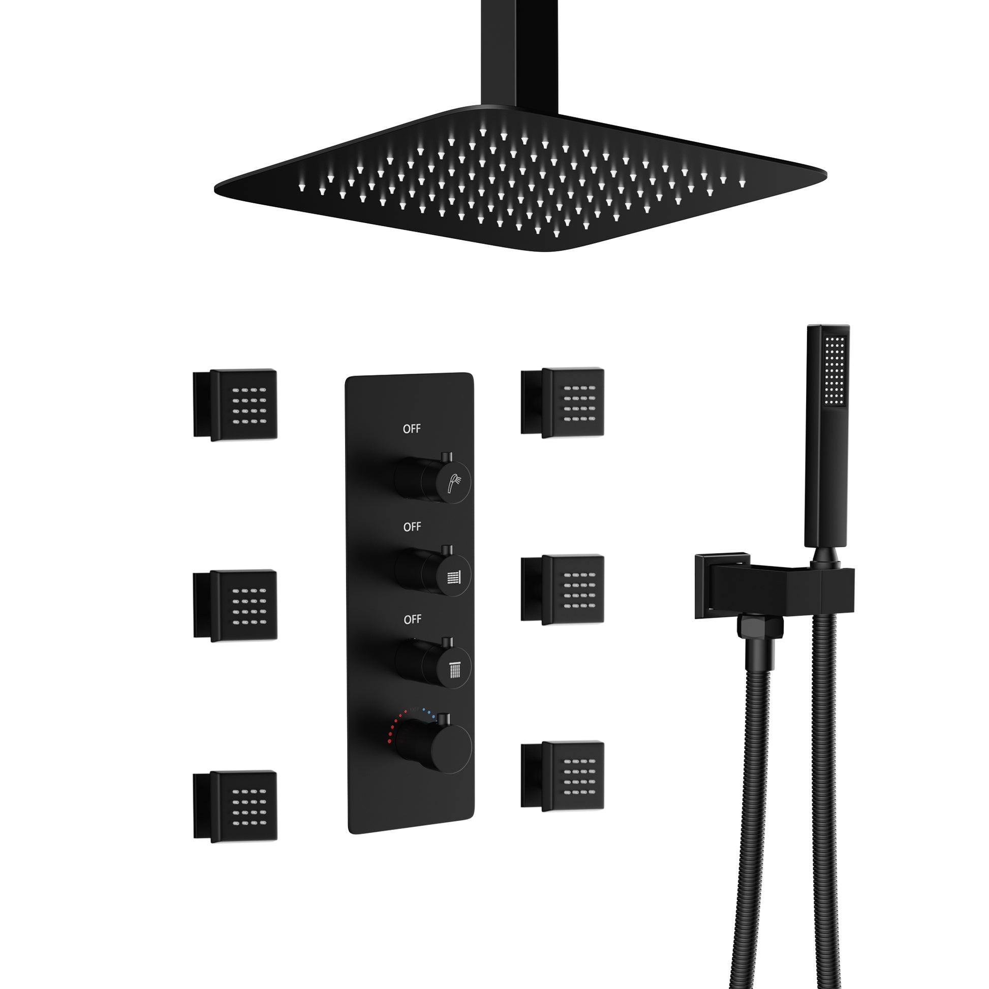 12" Ceiling Mount Rain Shower System with Handheld and Body Jets