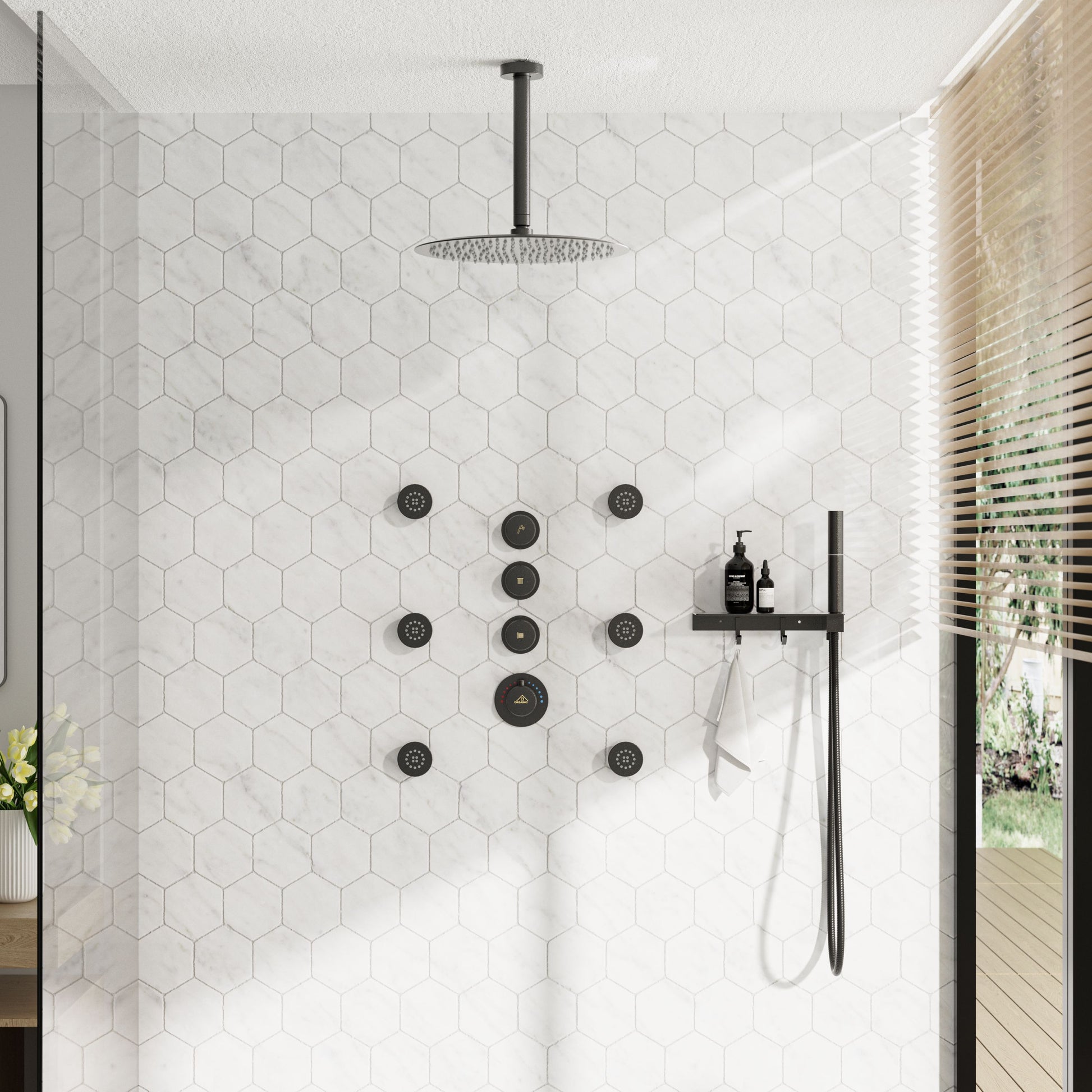12" Shower System With Shelf, Handheld Shower With Spray Gun Feature