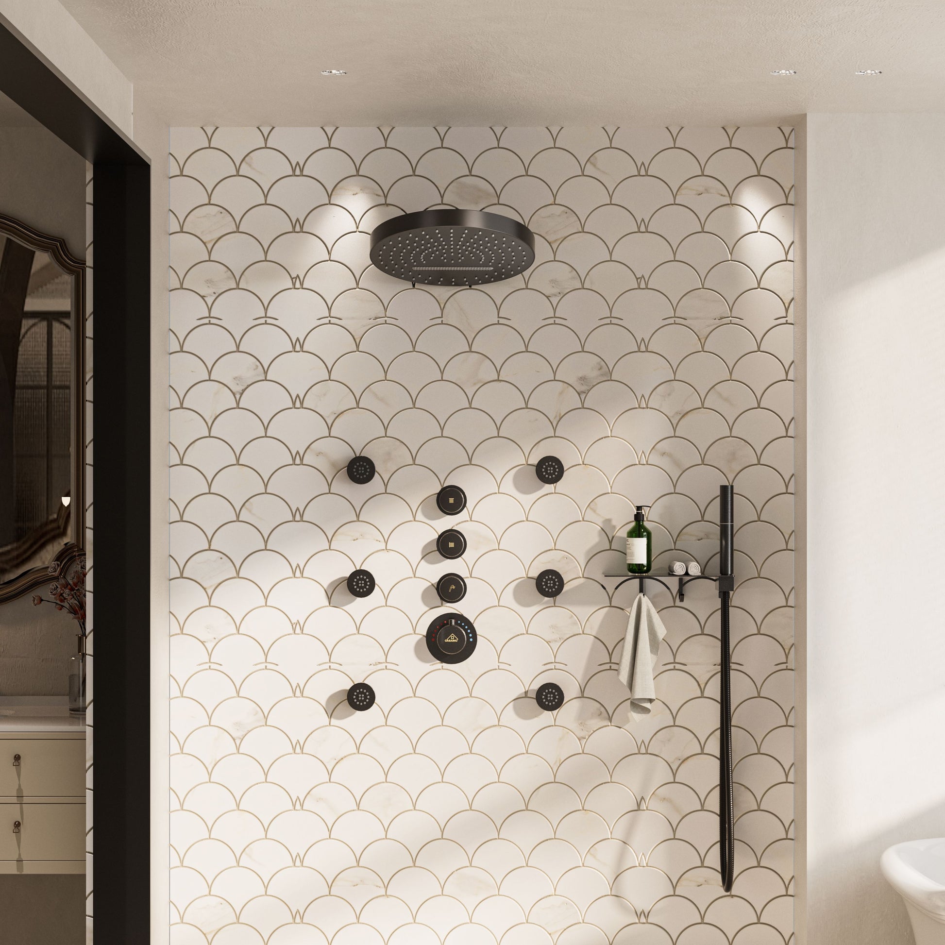 12" Adjustable Shower Head With Shelf Shower System, Hand Shower With Spray Gun Function