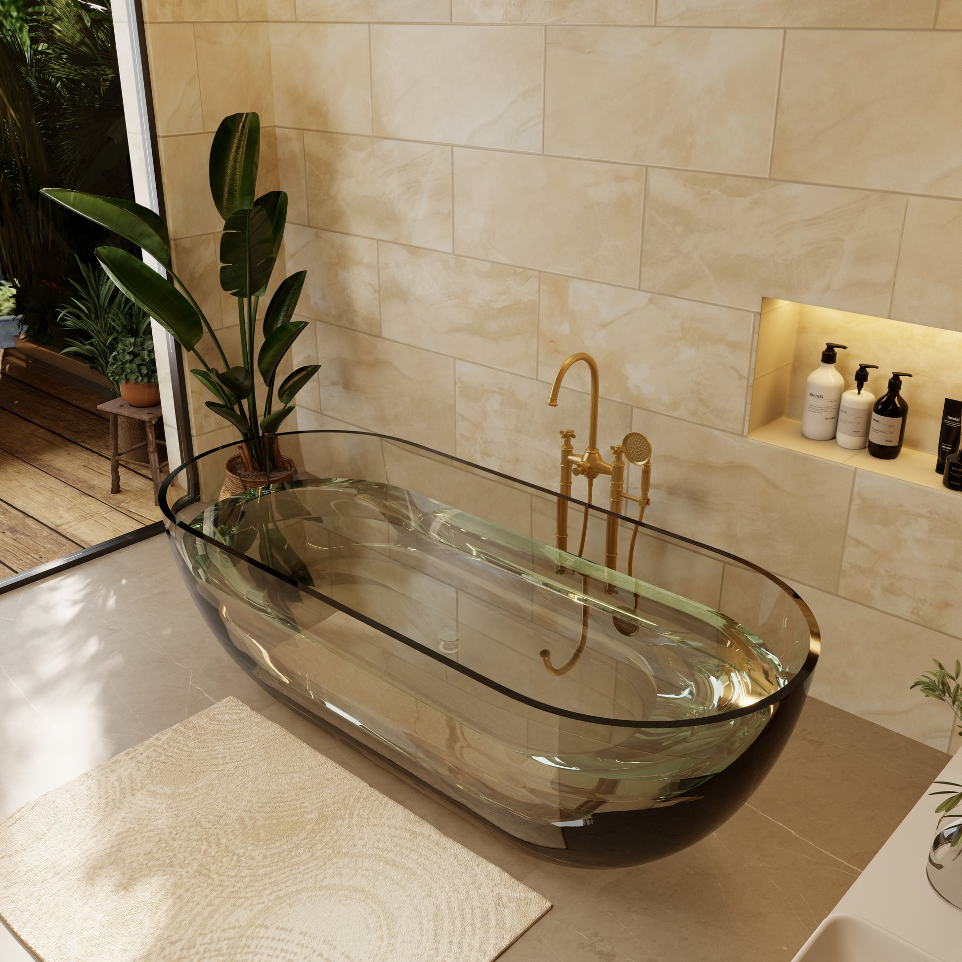 69" Coffee Pure Resin Freestanding Bathtub with Ergonomic Soaking Comfort
