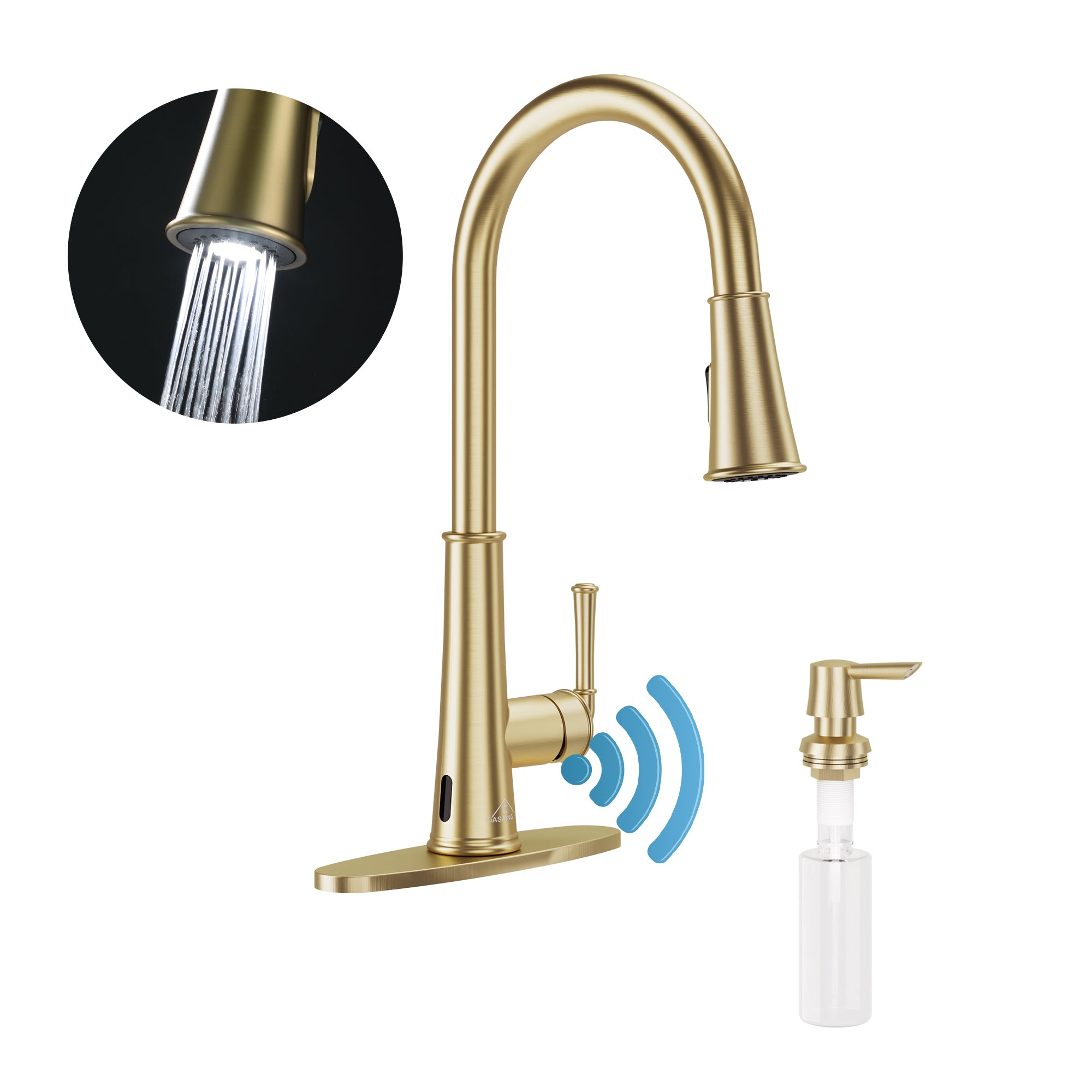 1.8gpm Touchless Pull Down Single Handle Kitchen Faucet With LED Function Soap Dispenser and Deck Plates Included Washing Dishes Infrared Induction Save Water