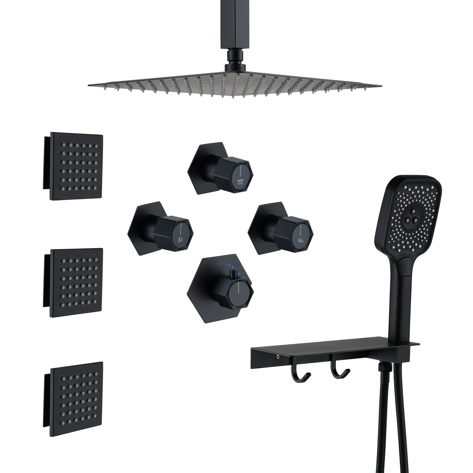 Ceiling Mount 3 Function Thermostatic Shower System with Rainfall Massage Jets