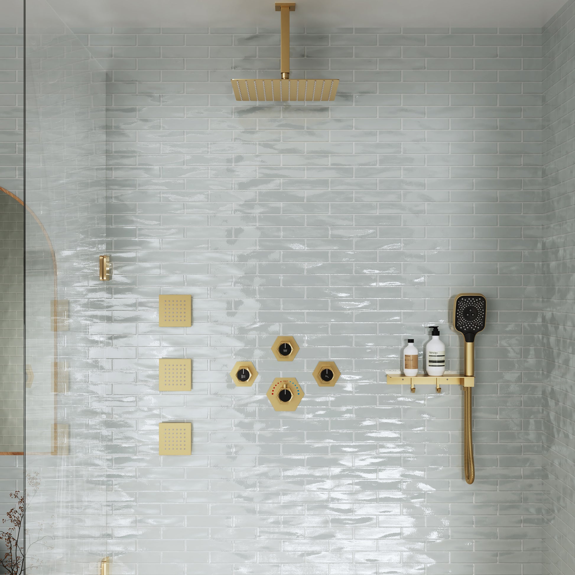 Ceiling Mount 3 Function Thermostatic Shower System with Rainfall Massage Jets