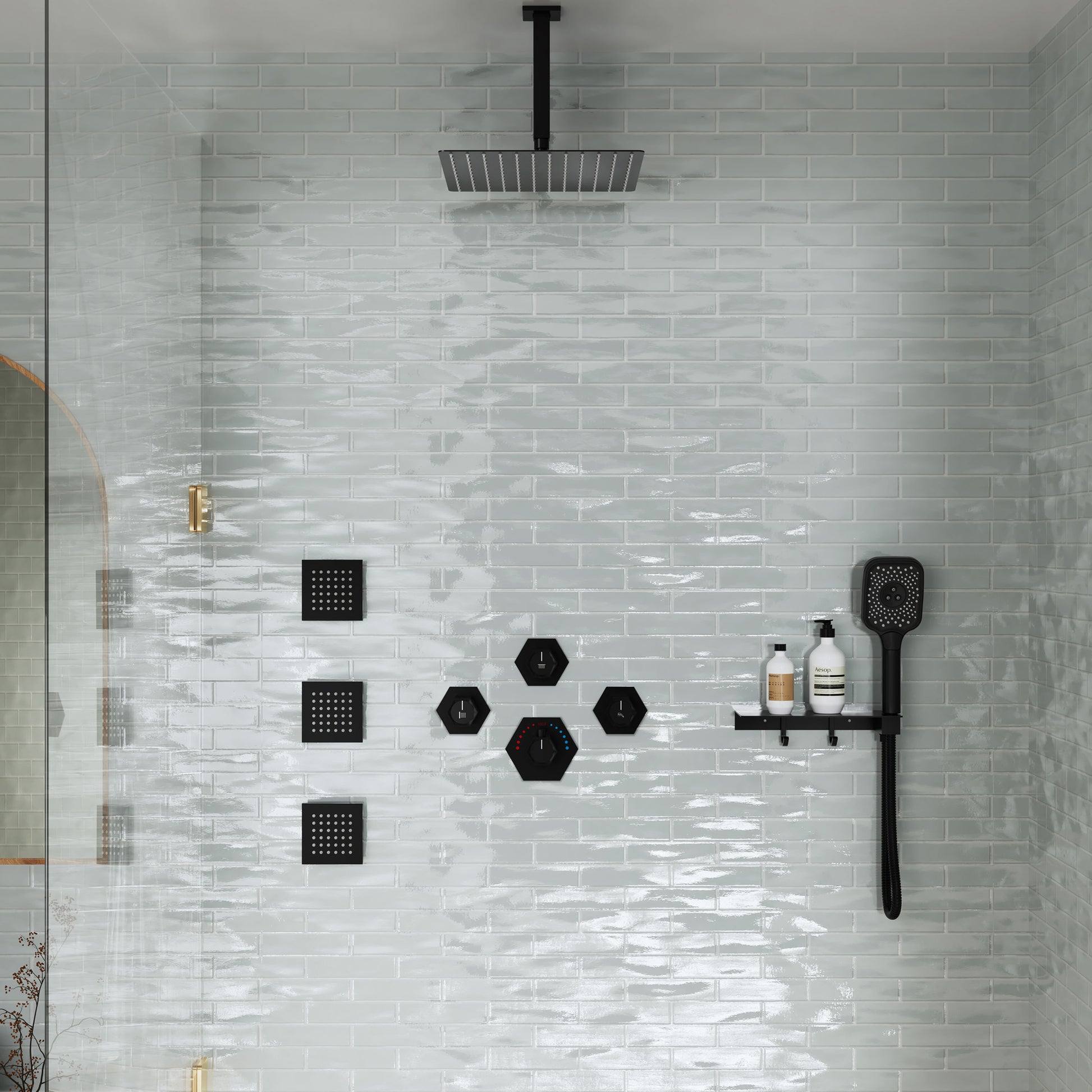 Ceiling Mount 3 Function Thermostatic Shower System with Rainfall Massage Jets