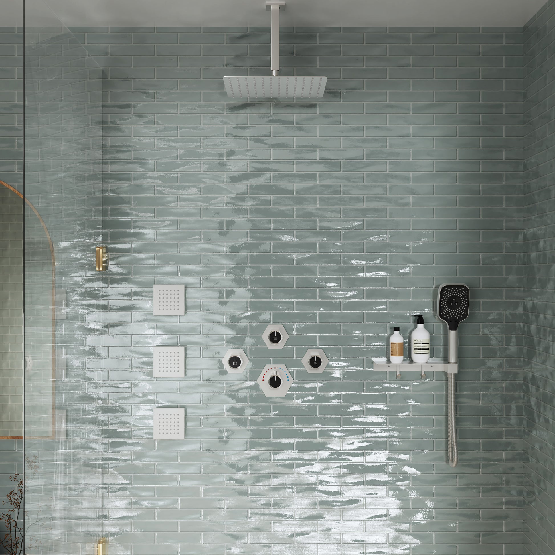 Ceiling Mount 3 Function Thermostatic Shower System with Rainfall Massage Jets