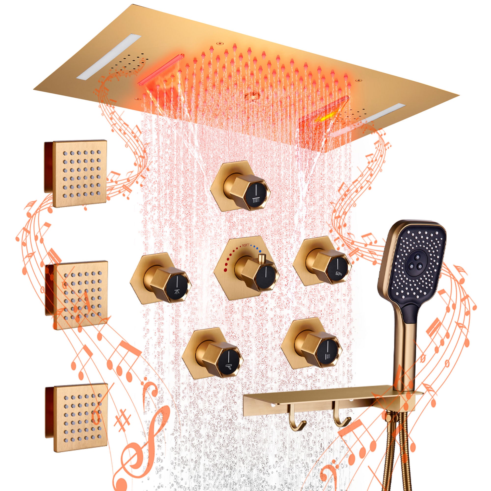 22.8" x 15" Luxury Thermostatic Ceiling-Mount Shower System with 64-Color LED Lights