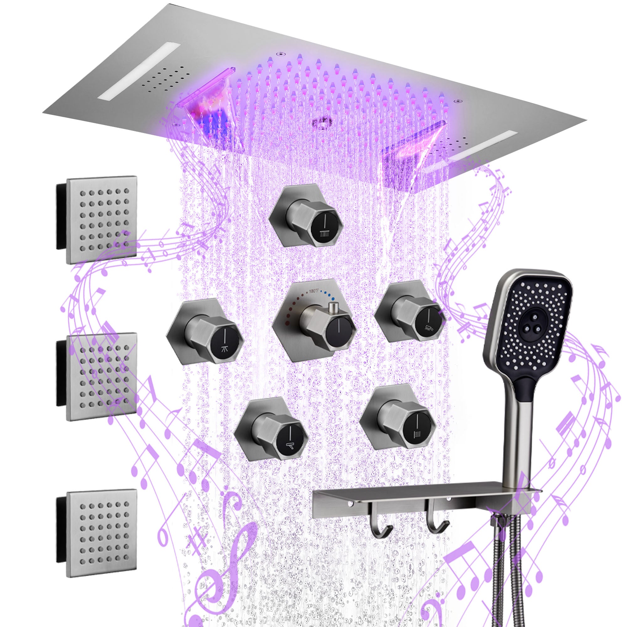 22.8" x 15" Luxury Thermostatic Ceiling-Mount Shower System with 64-Color LED Lights