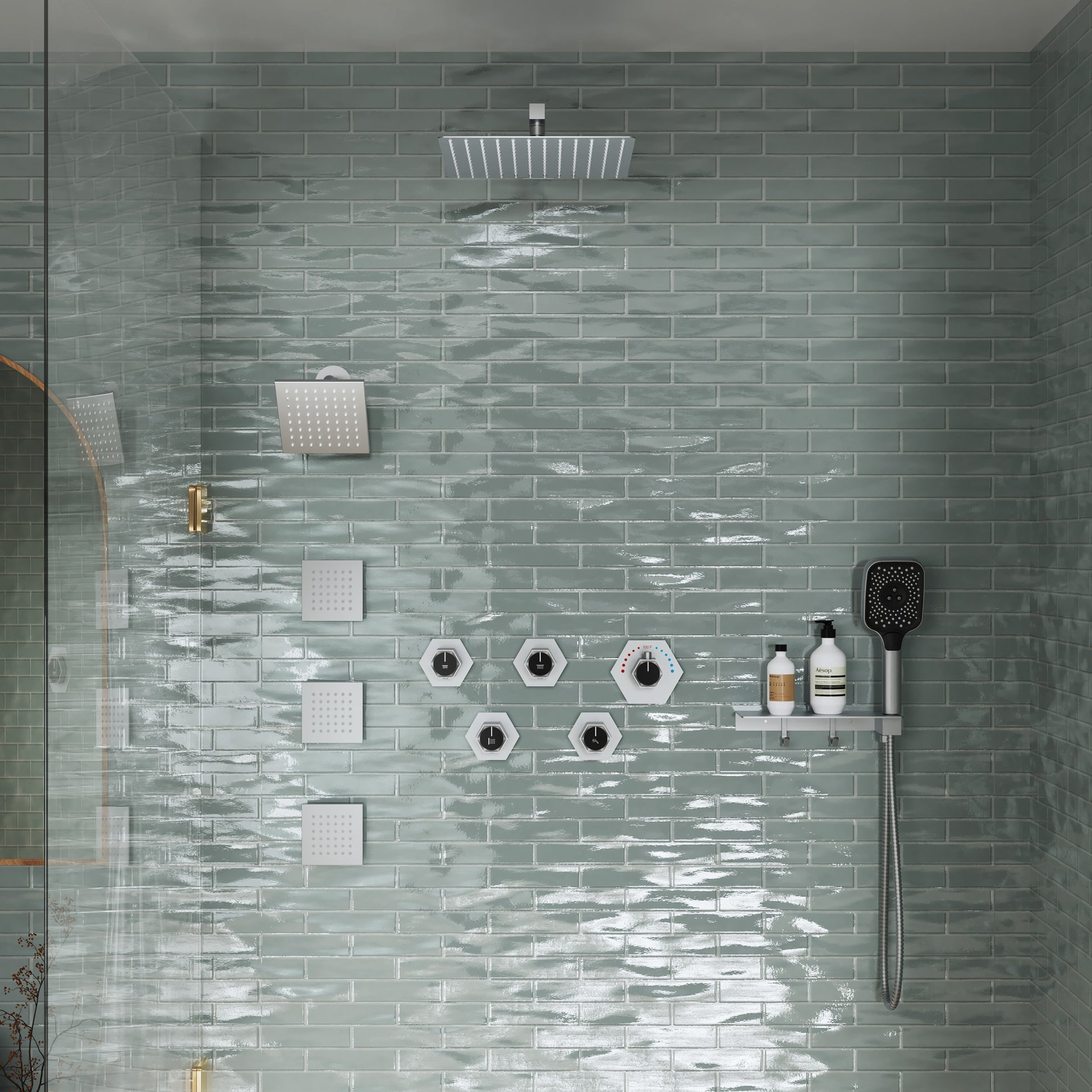 12" Dual Shower Head System with with 360° Side Sprays & Shelving Shower Holder