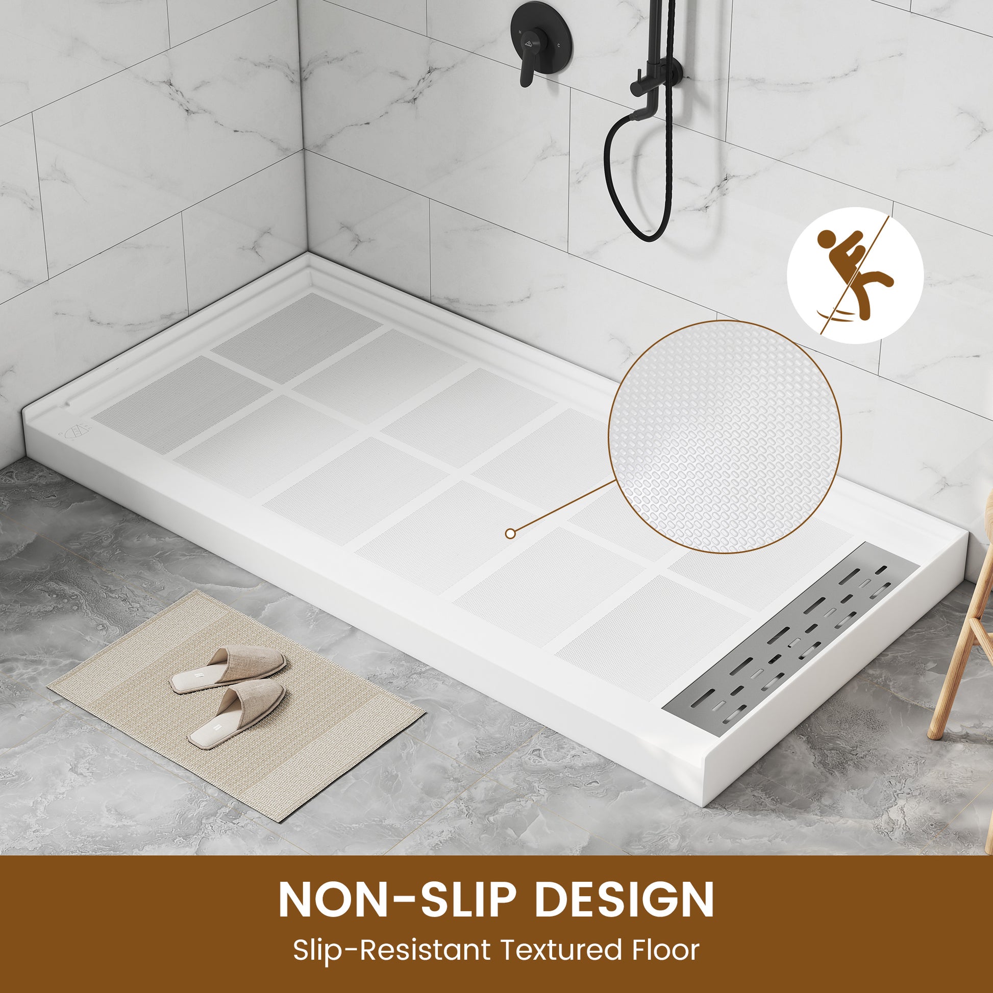 60"x30" Solid Surface Alcove Shower Pan Base in White, Drain Included