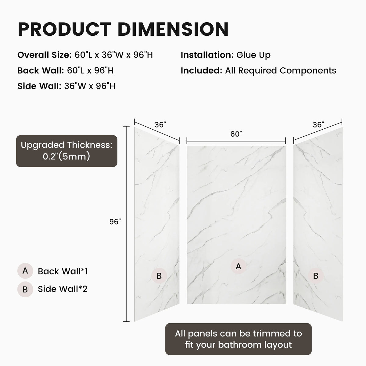 60"x36"x96" SMC Shower Wall Panels, Waterproof Grout-Free Shower Surround in 6 Finishes