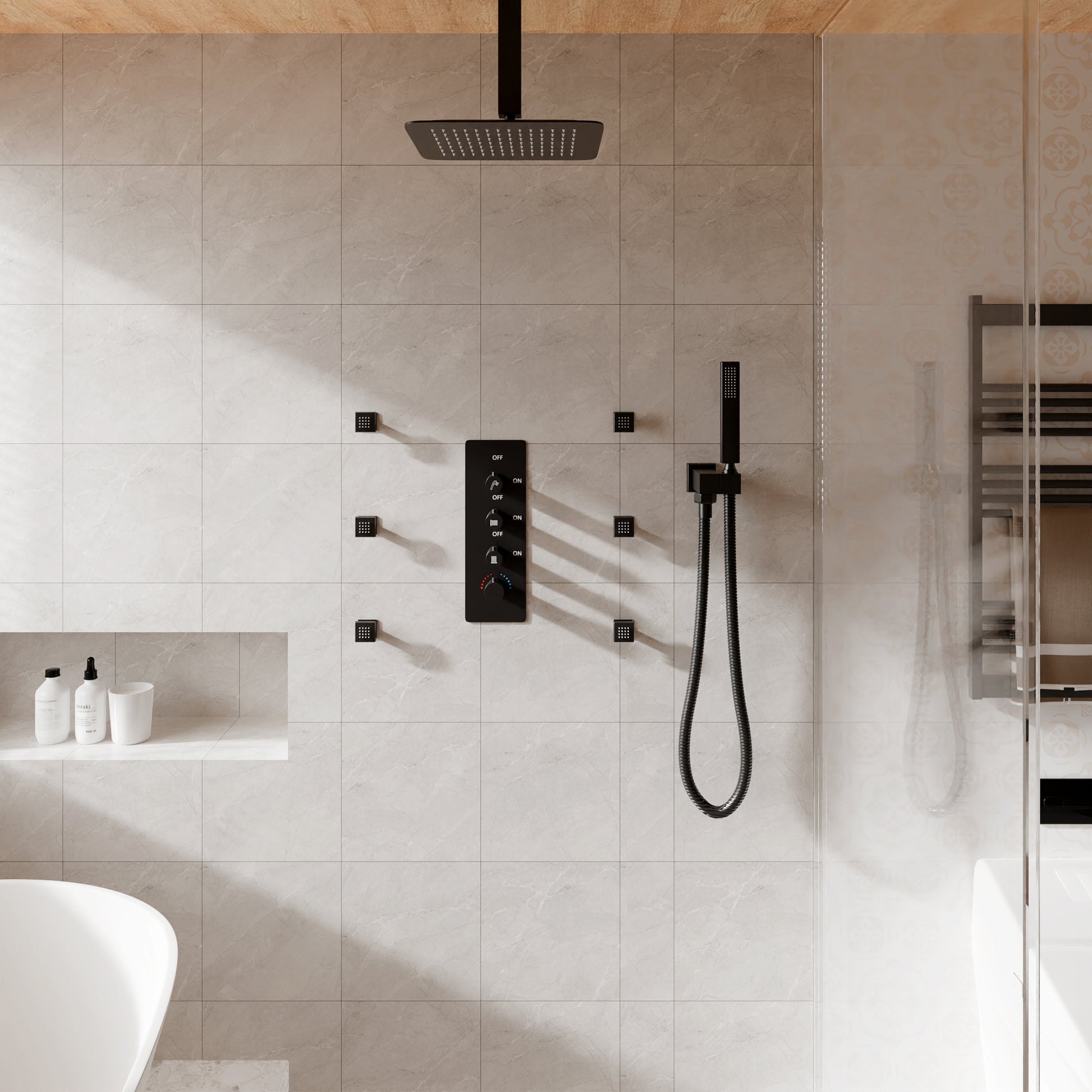 12" Ceiling Mount Rain Shower System with Handheld and Body Jets