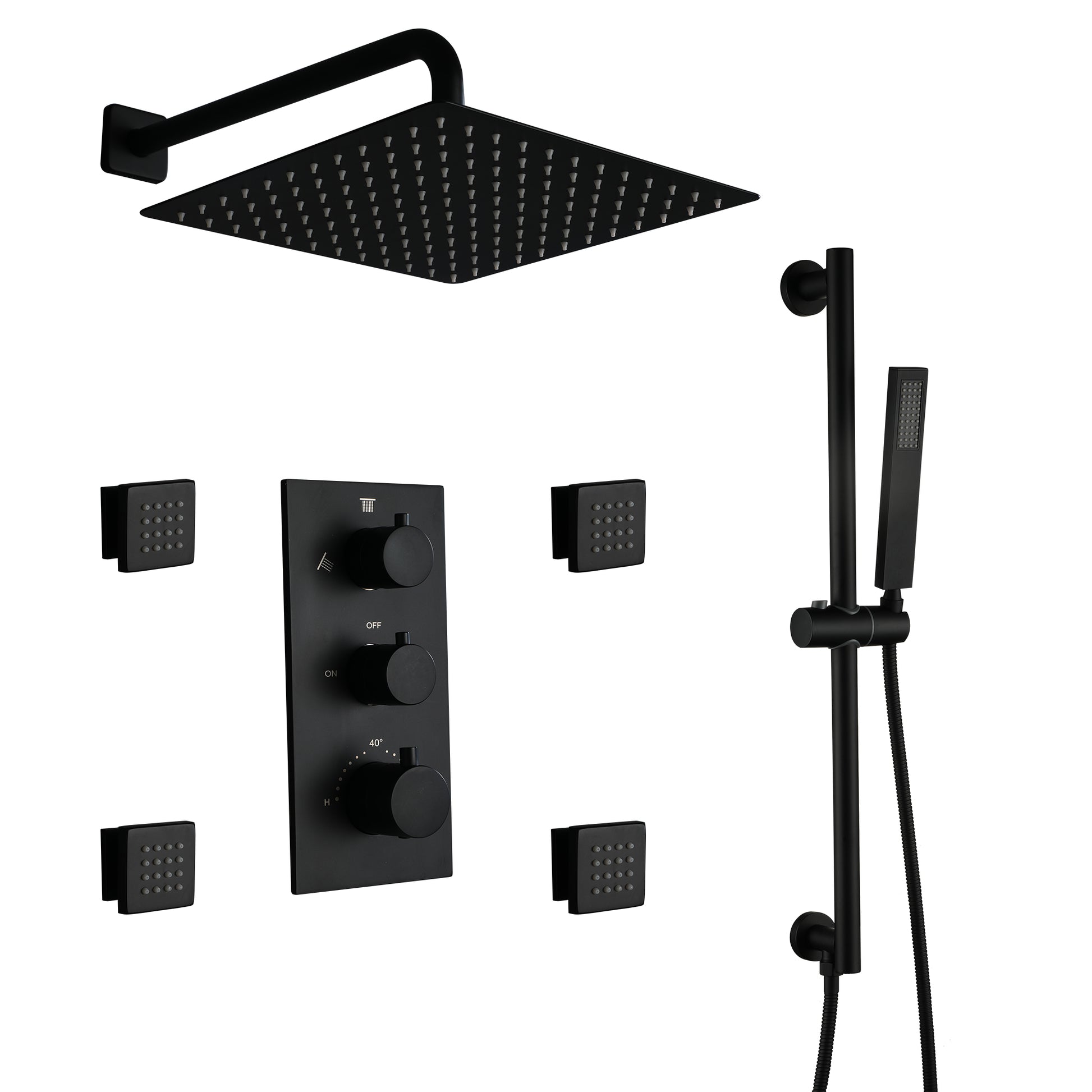 12-inch 3-Function Thermostatic Rain Shower System with Body Jets & Slide Bar