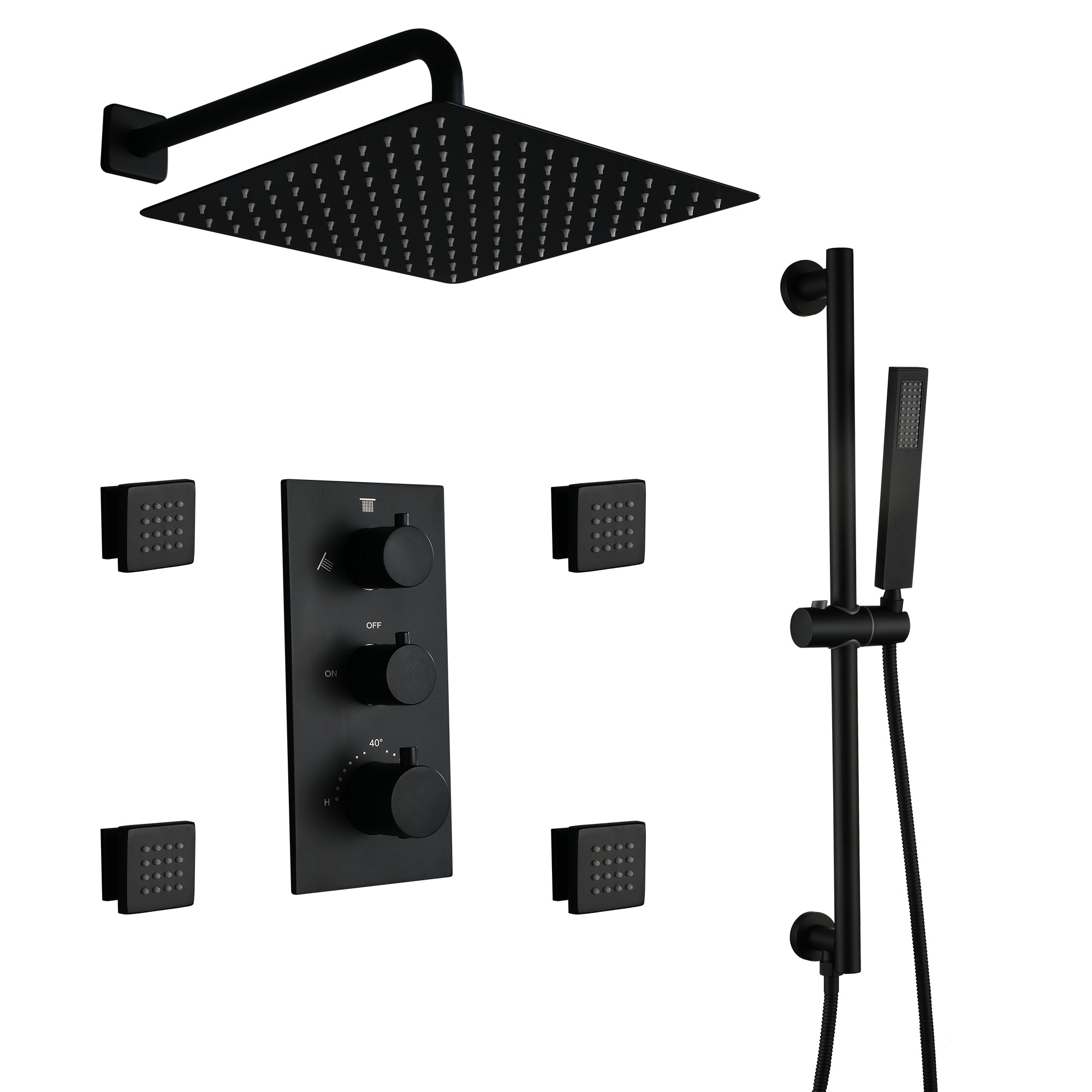 12-inch 3-Function Thermostatic Rain Shower System with Body Jets & Slide Bar