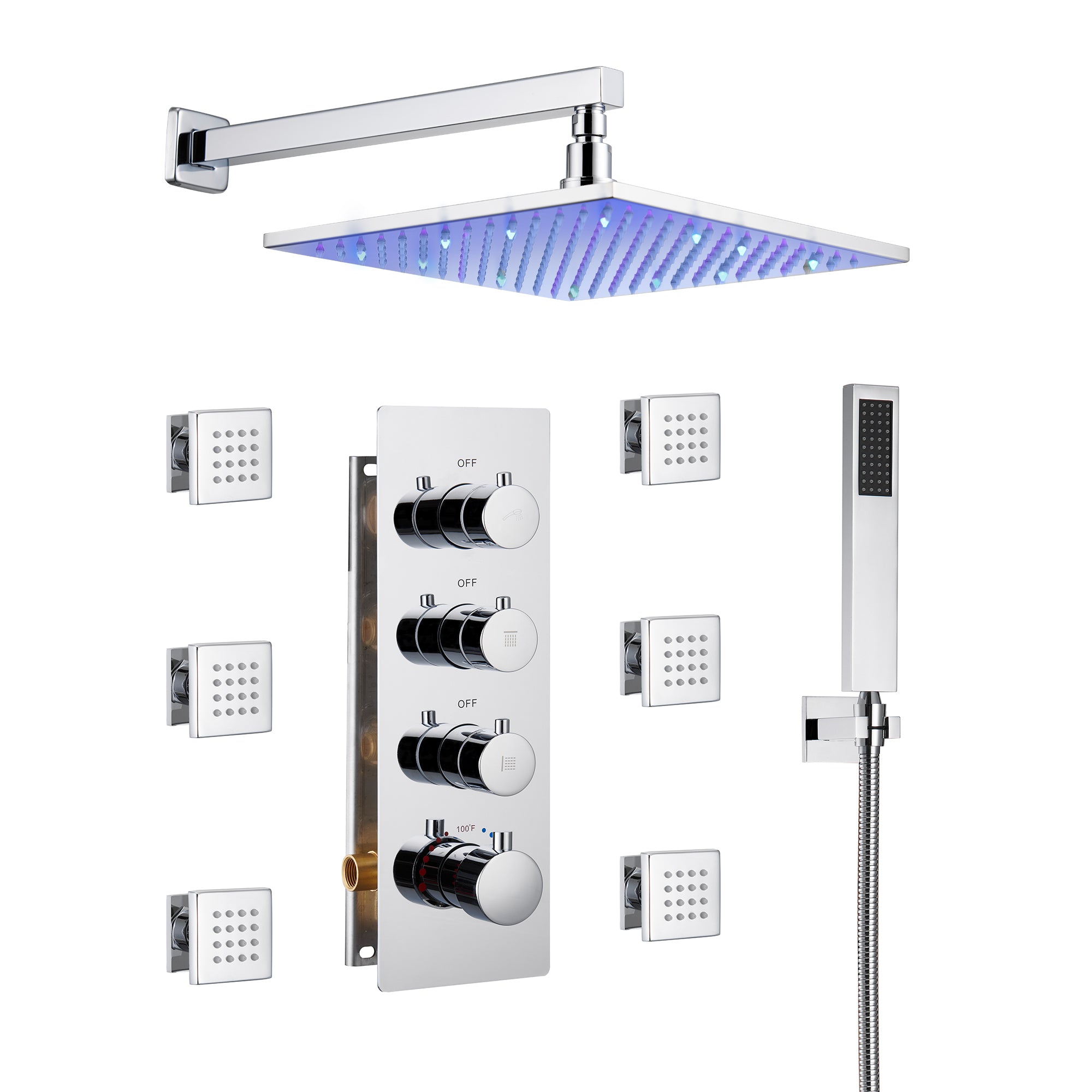 12" Thermostatic LED Shower System Wall-Mount Rain Showerhead with 6 Body Jets