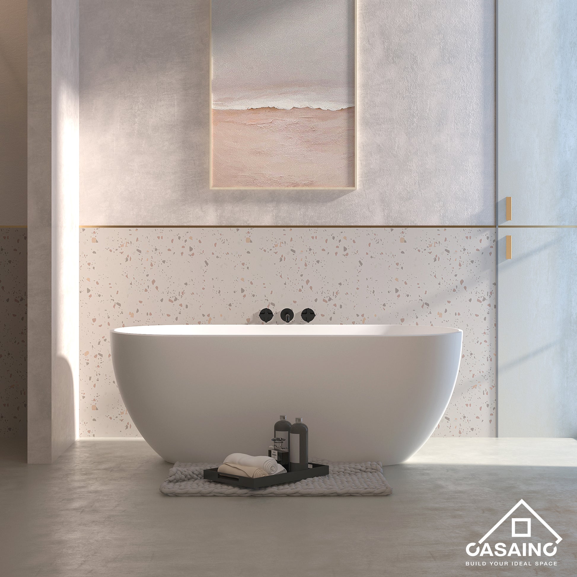 CASAINC 59/69" Solid Surface Bathtubs, Stone Resin Freestanding Tubs, Contemporary Oval Soaking Tub with Overflow and  Drain, Matte White