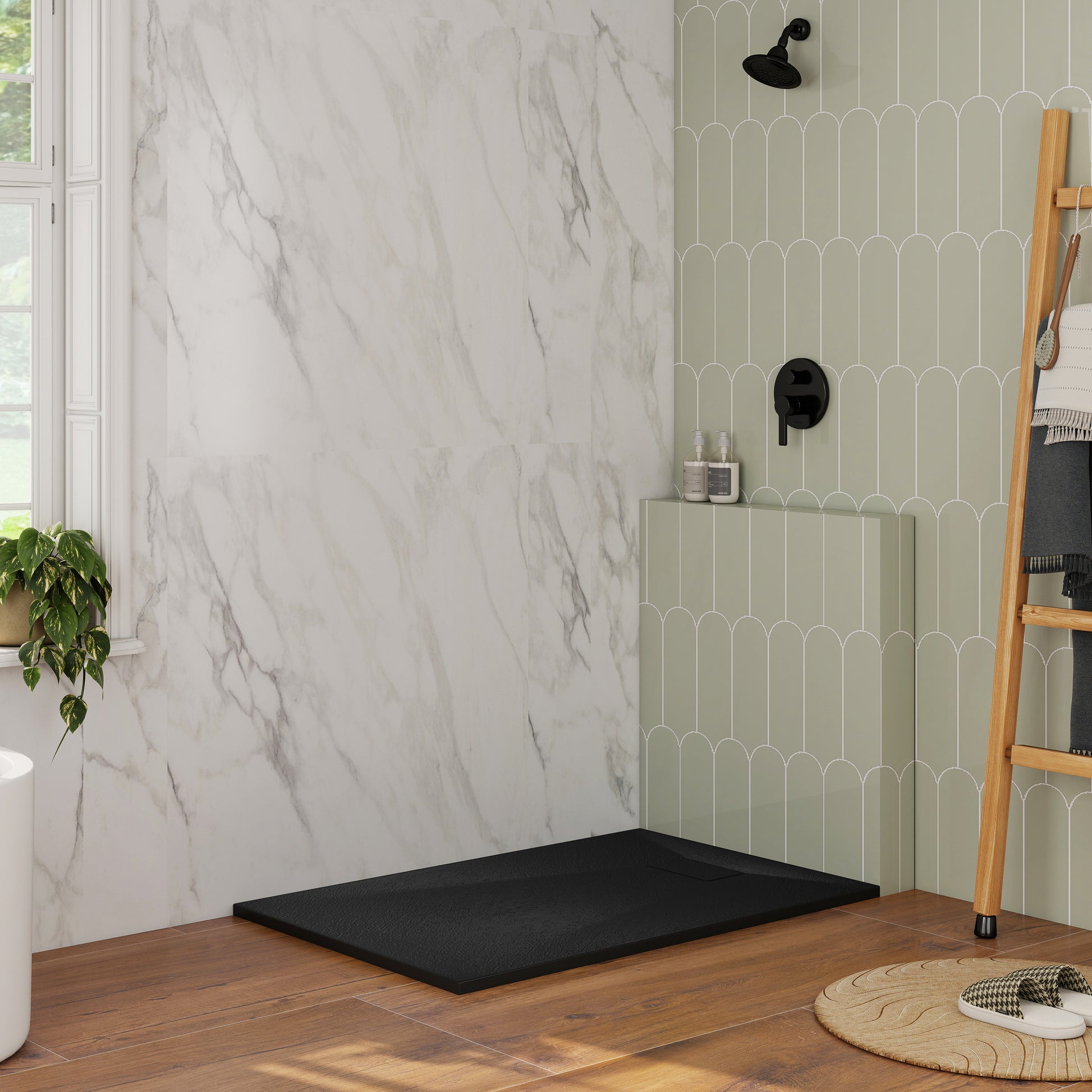 European-Style SMC Shower Base with Sleek Marble Texture in Black & White