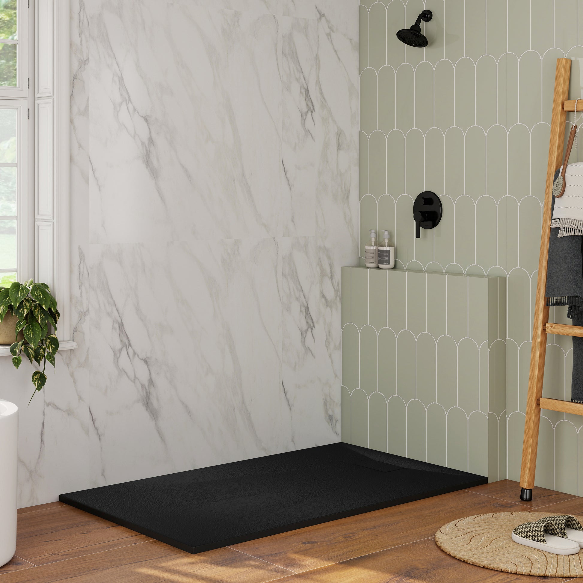 European-Style SMC Shower Base with Sleek Marble Texture in Black & White